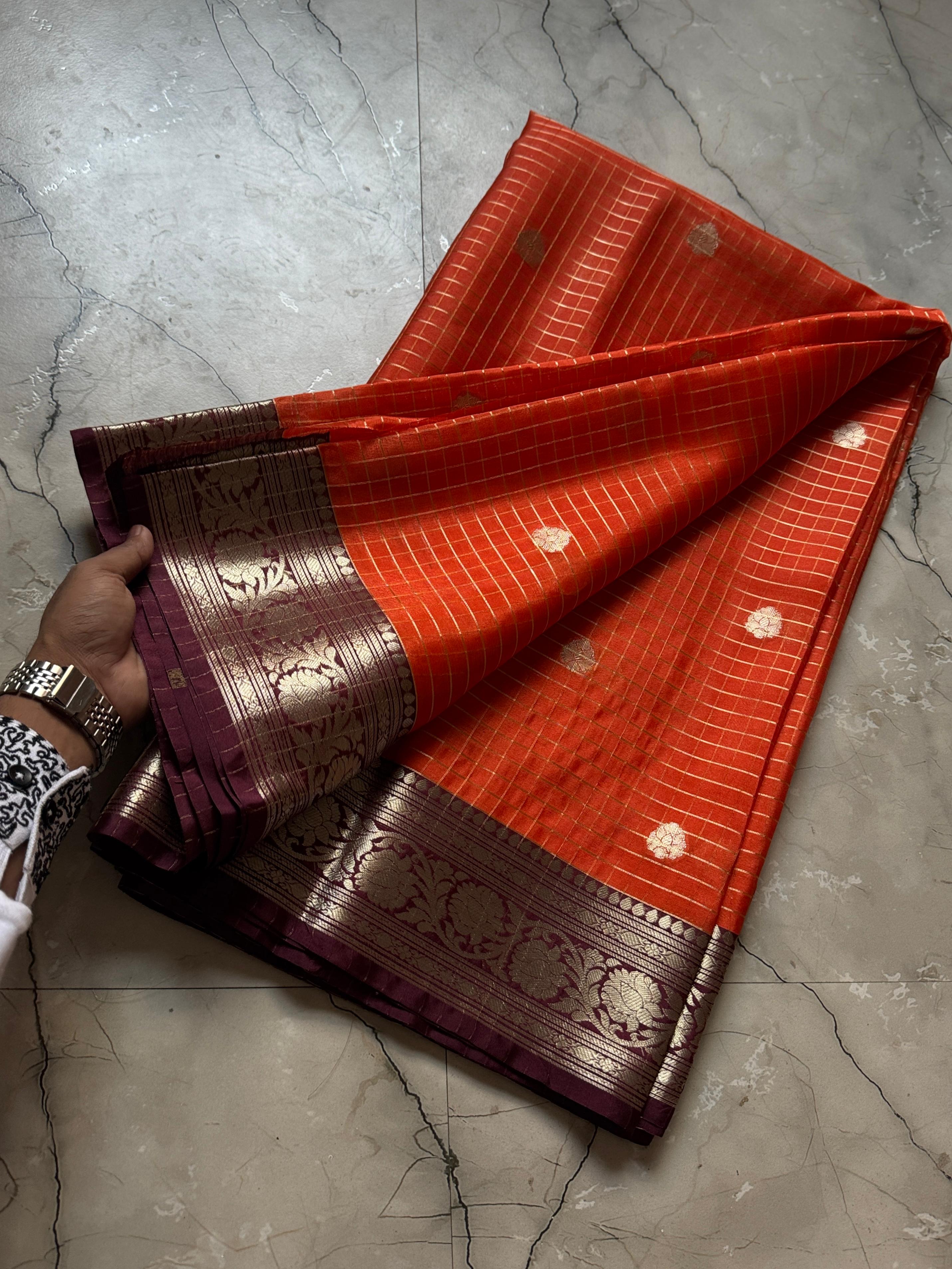 Banarasi Semi Katan Soft Zari with Checks Buti Silk Saree. Rust Orange & Brown