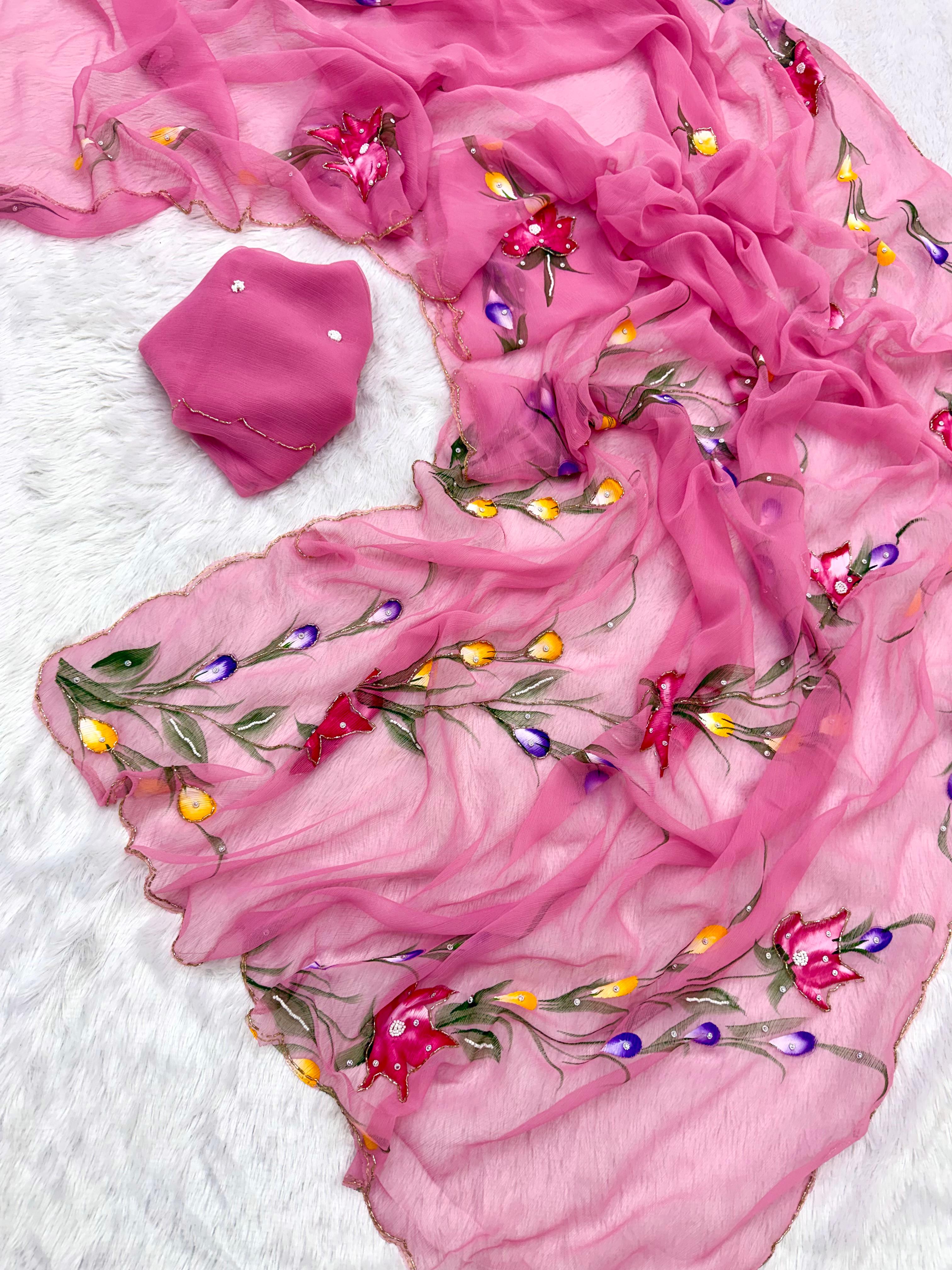 Soft Pure Chiffon Handwork Light Weight Sarees