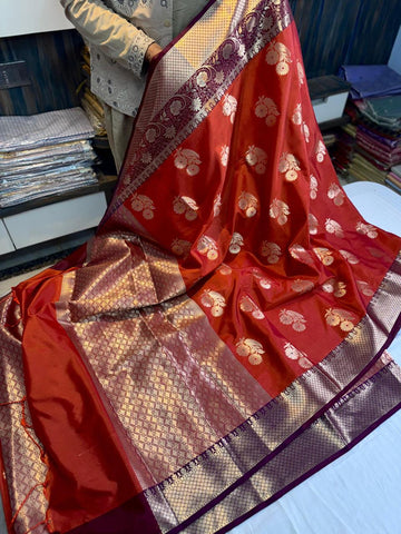Vintage Rust Orange Banarasi Soft Silk Pattu Saree