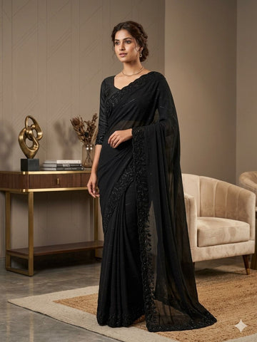 Pure Georgette Saree in Velvet shine adorned with Sequence and Cutdana Handwork