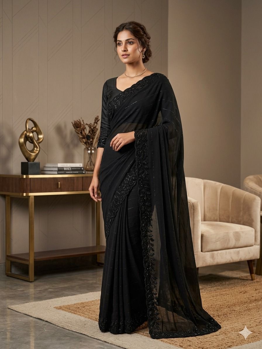 Pure Georgette Saree in Velvet shine adorned with Sequence and Cutdana Handwork
