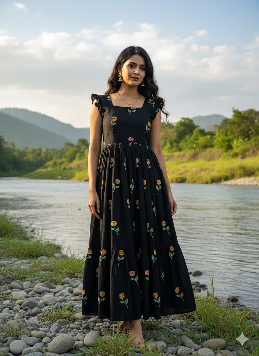 Soft Cotton Black Flower Gown