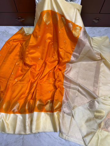 Trendy Orange Banarasi Soft Silk Saree