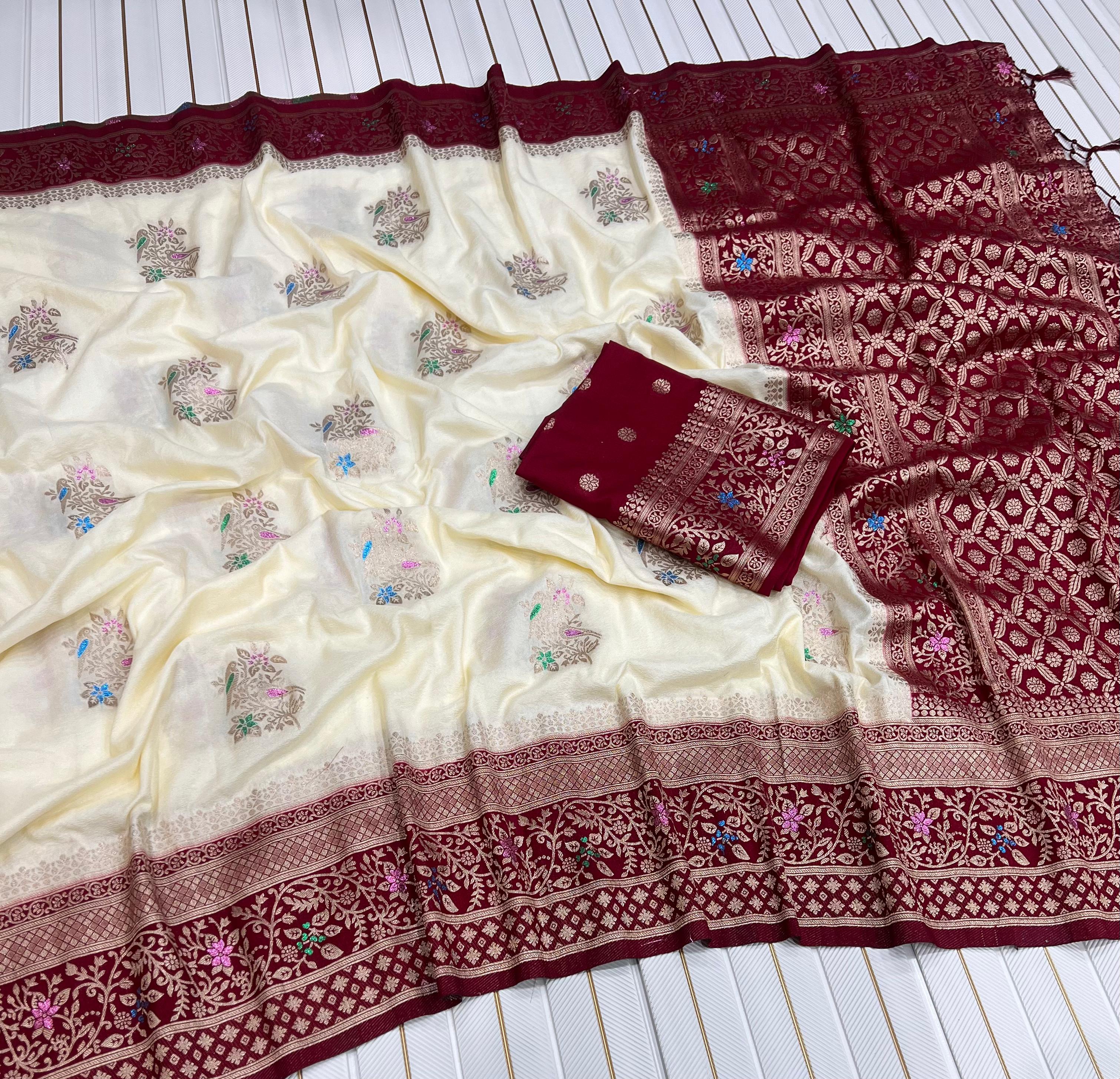Pure Khadi Crep Georgette antique colour jari Meena Jaqurad Weveing Rich pallu saree with running blouse