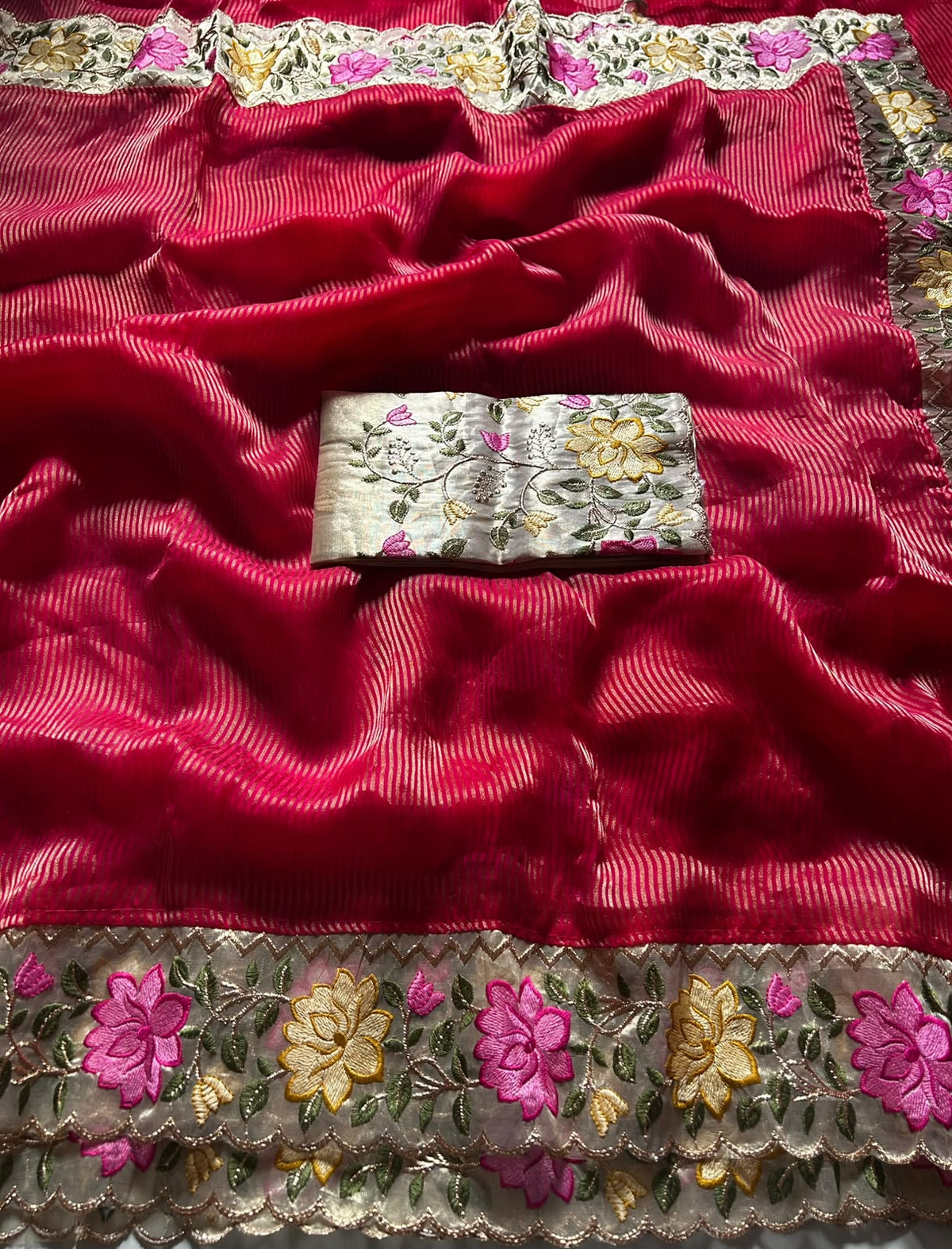 Pure Tissue Organza Silk Stripe Sarees designd with embroidery work blouse