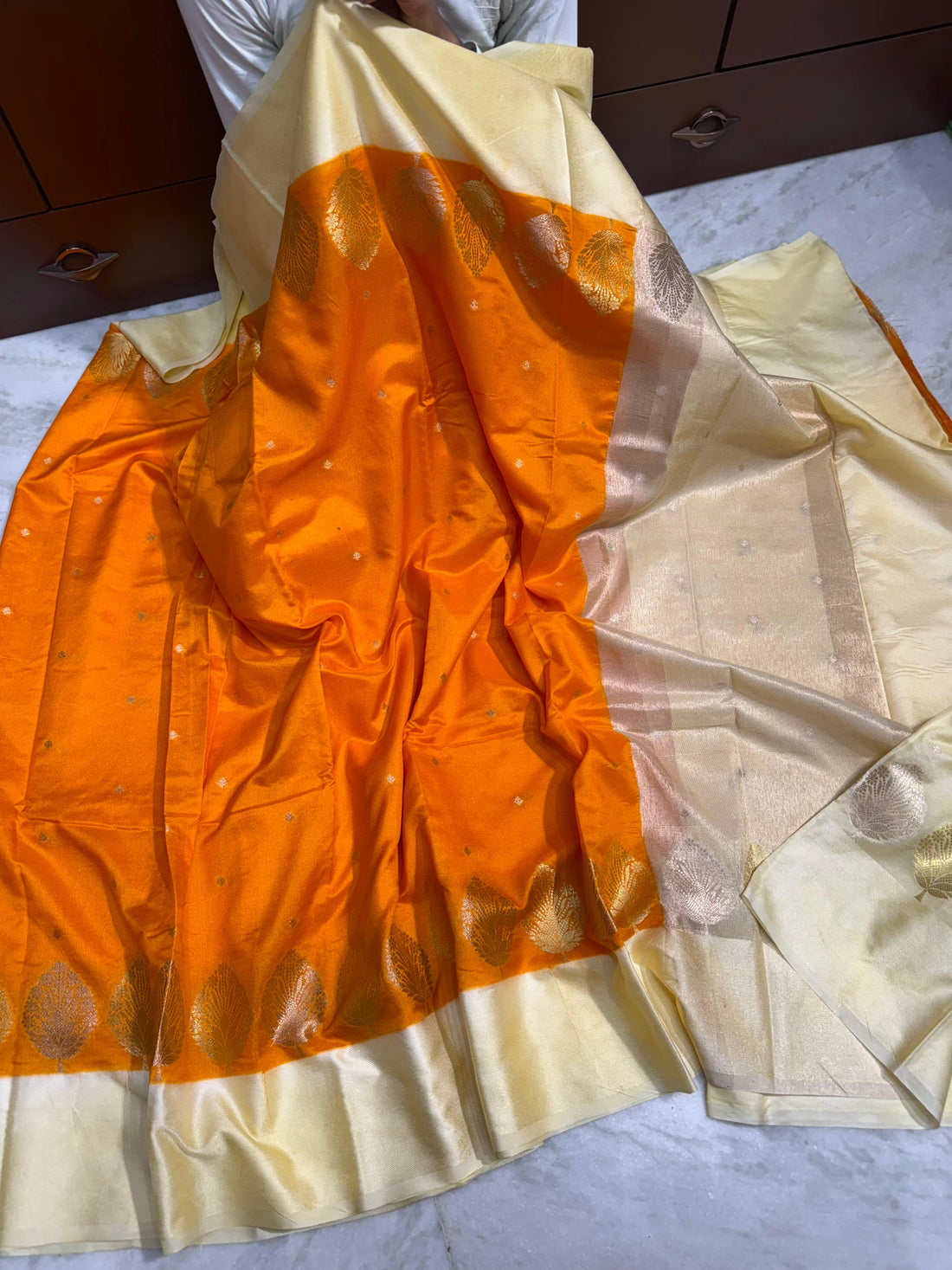 Trendy Orange Banarasi Soft Silk Saree