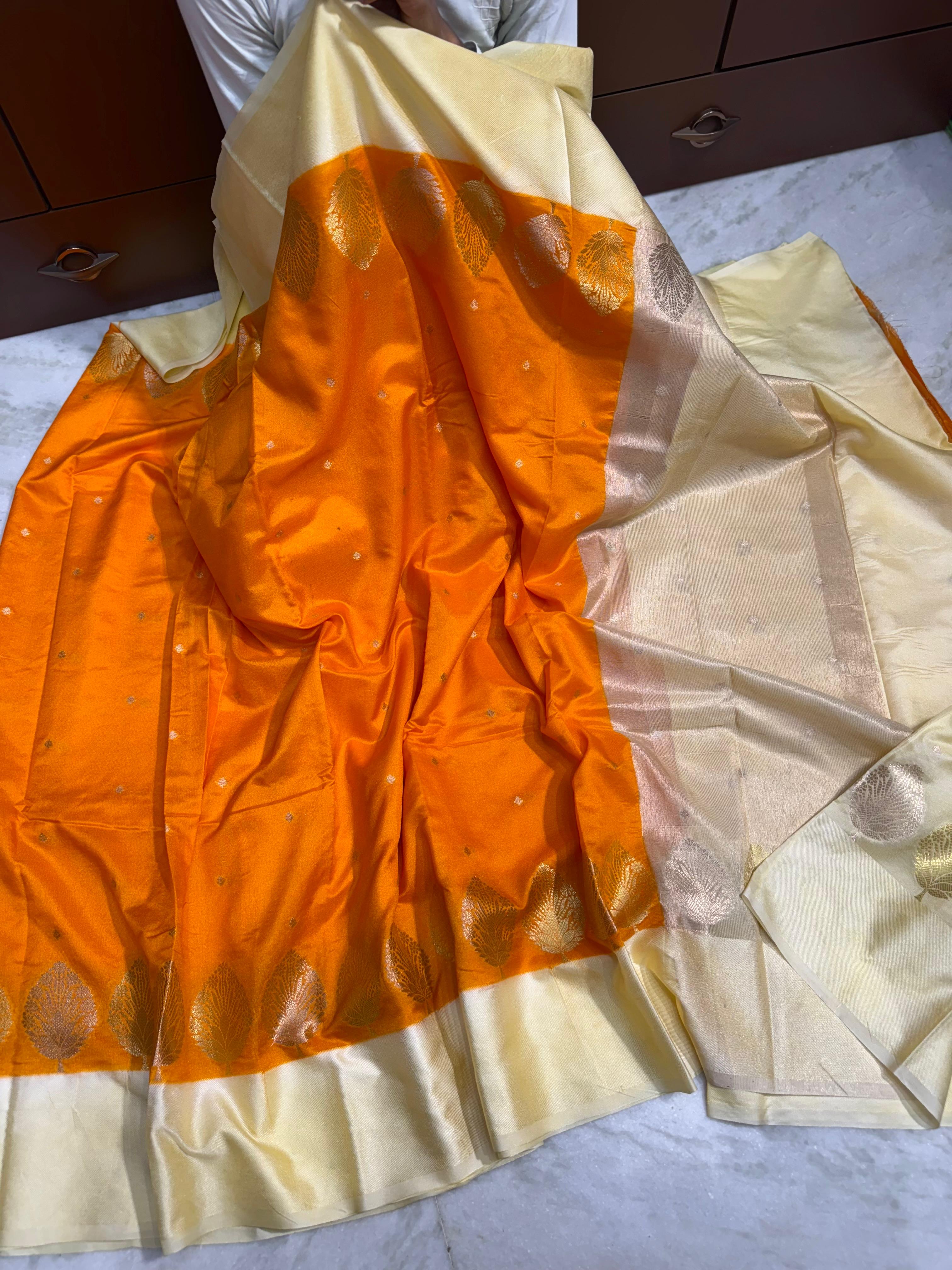 Trendy Orange Banarasi Soft Silk Saree