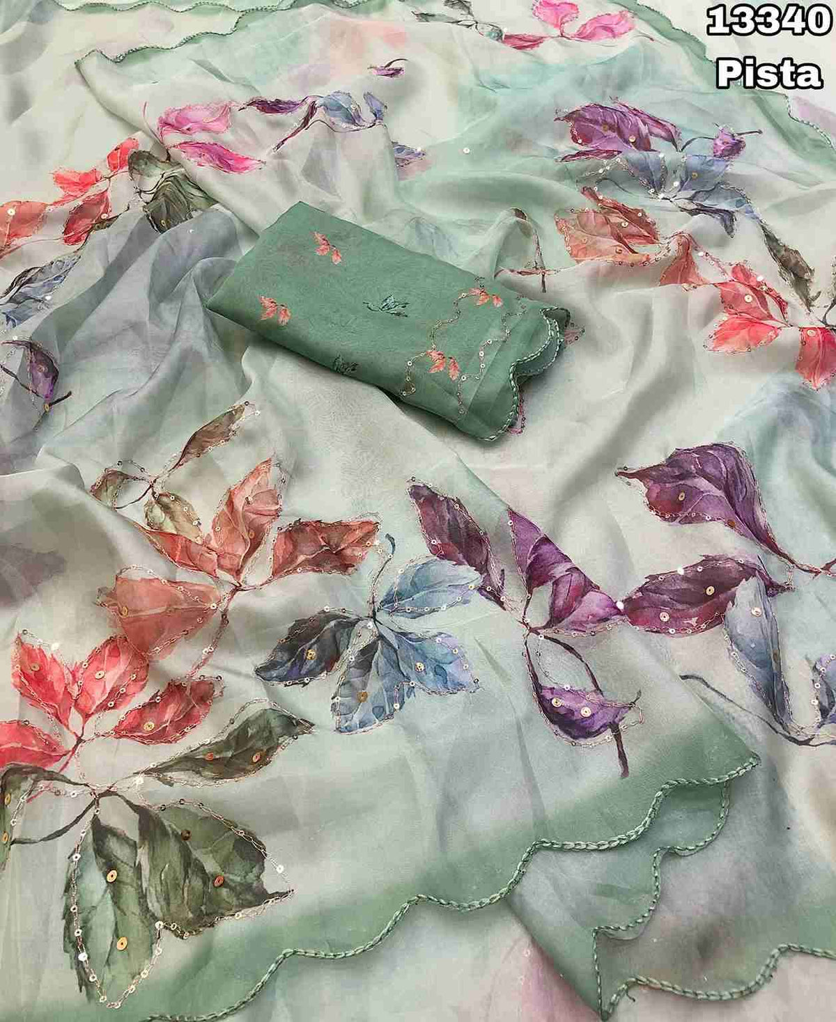 Tebby Organza Floral Leaf Design With Embroidery & Sequence Work & Scalloped Cutwork Border