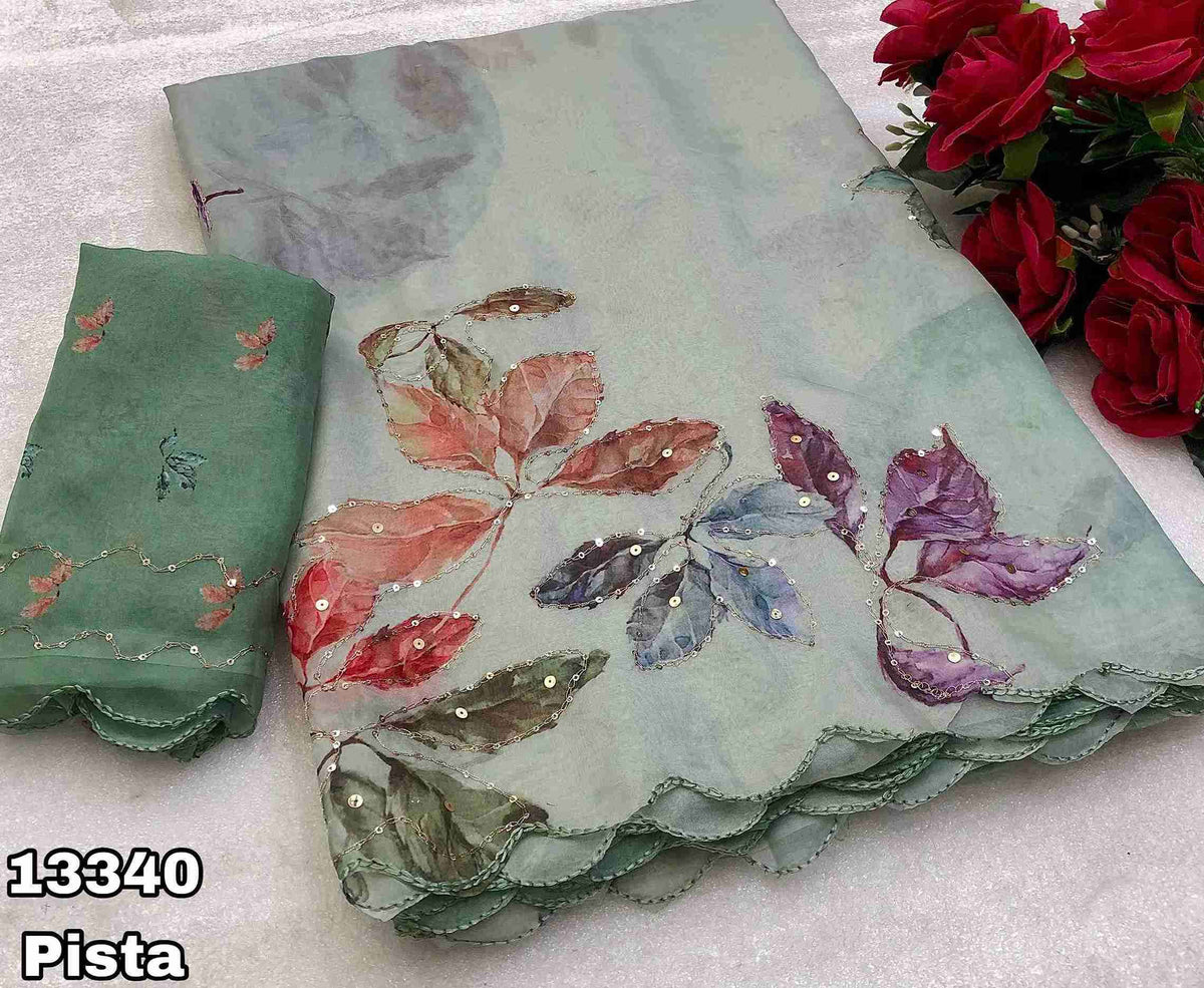 Tebby Organza Floral Leaf Design With Embroidery & Sequence Work & Scalloped Cutwork Border