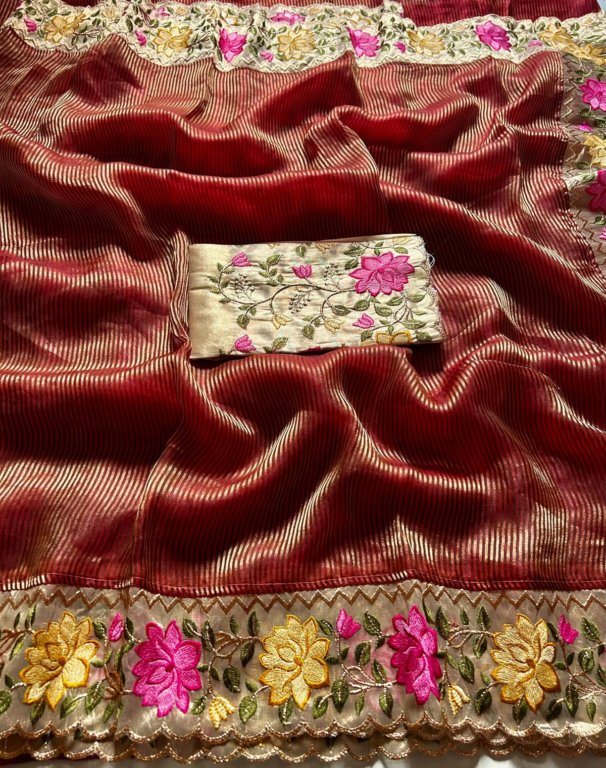Pure Tissue Organza Silk Stripe Sarees designd with embroidery work blouse