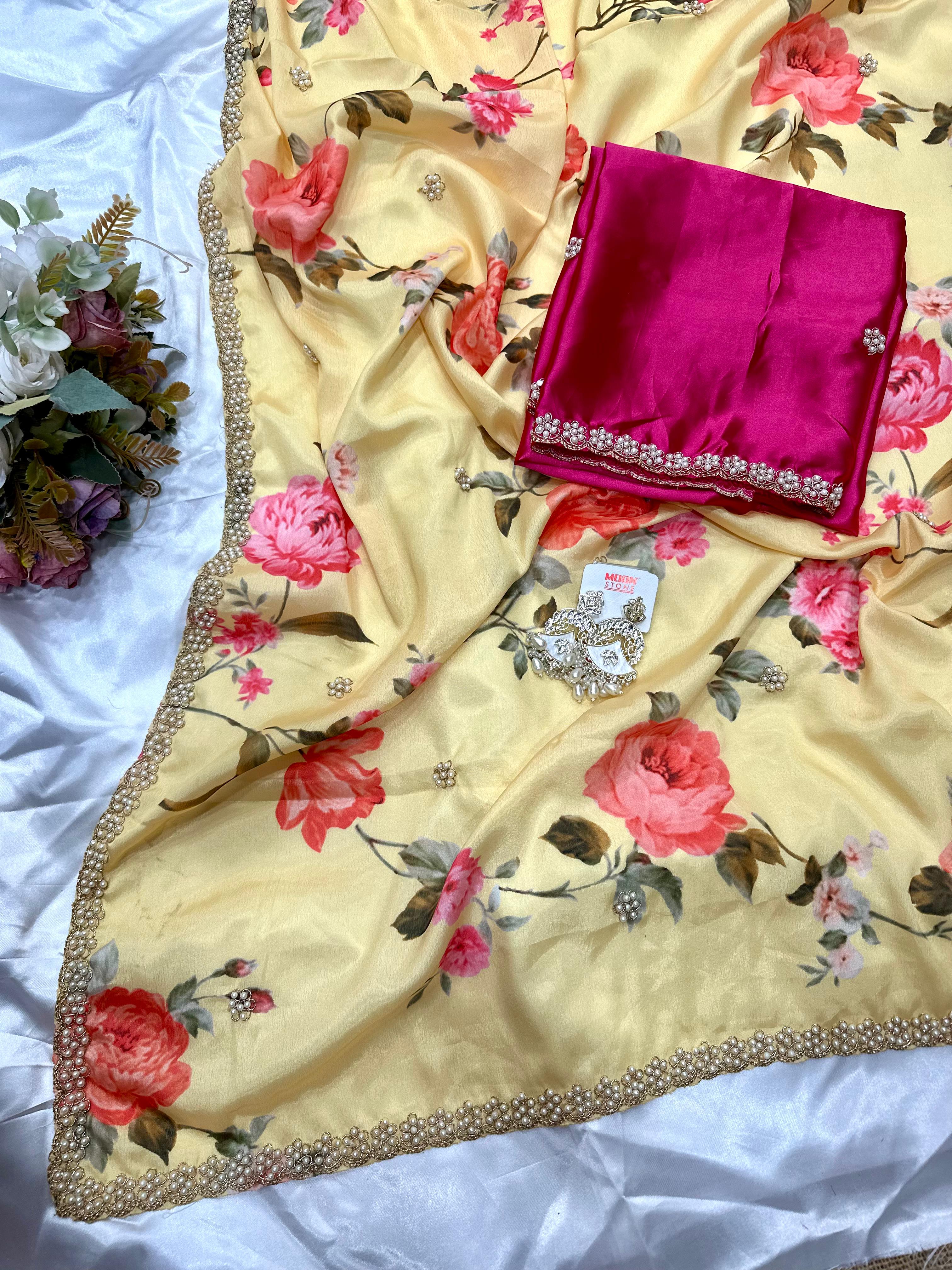 Chinnon Saree with Floral Designs & Moti Work