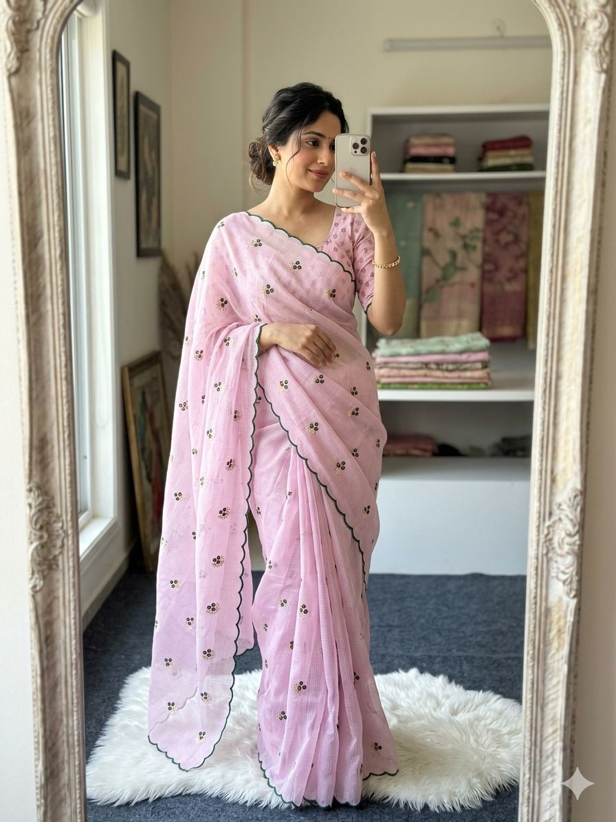 Soft Doria Checks Saree with Beautiful Embroidery all over Saree and Running Blouse with Work