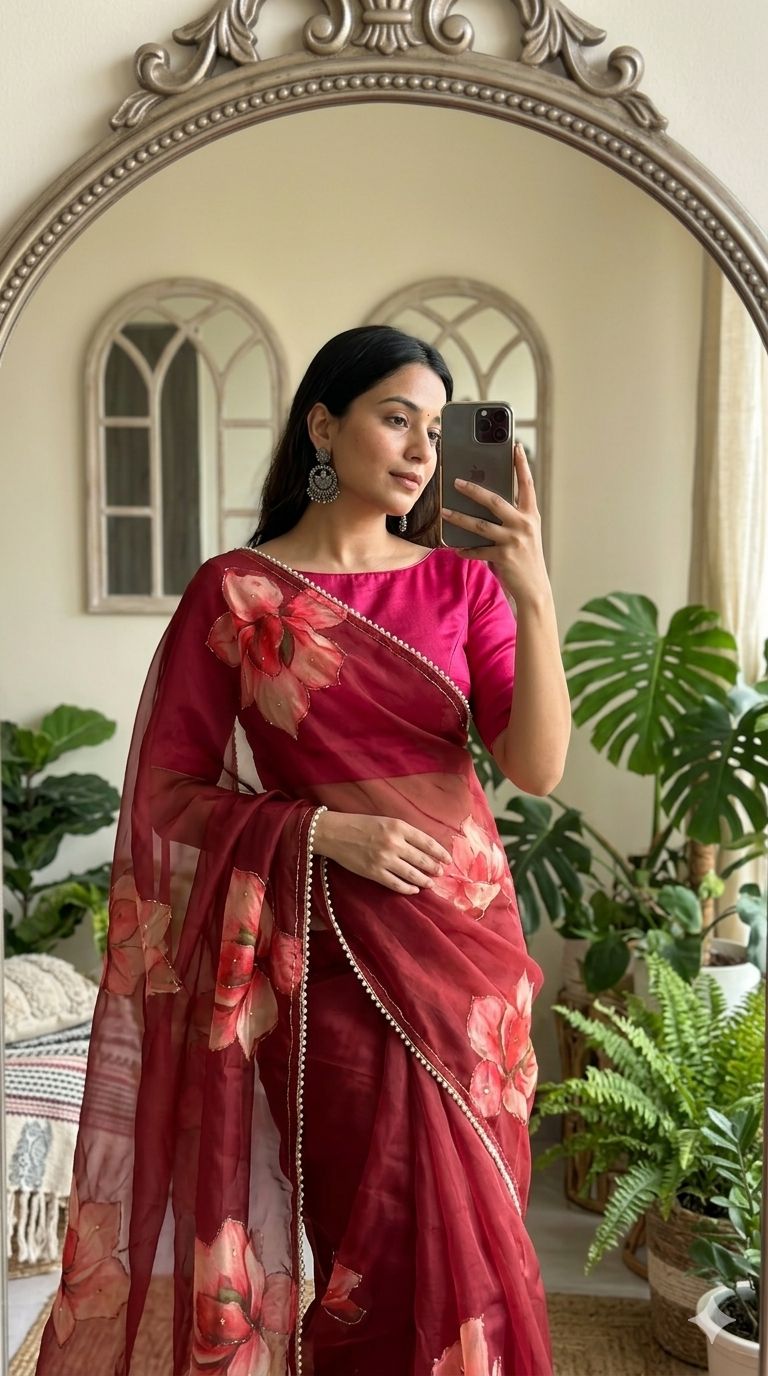 Georgette Silk with Designer Handwork Saree and Moti Lace Border