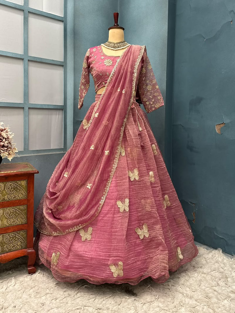 Premium Salsa Silk Fully Stitched Lehenga Set with Elegant Butterfly Maggam Embroidery