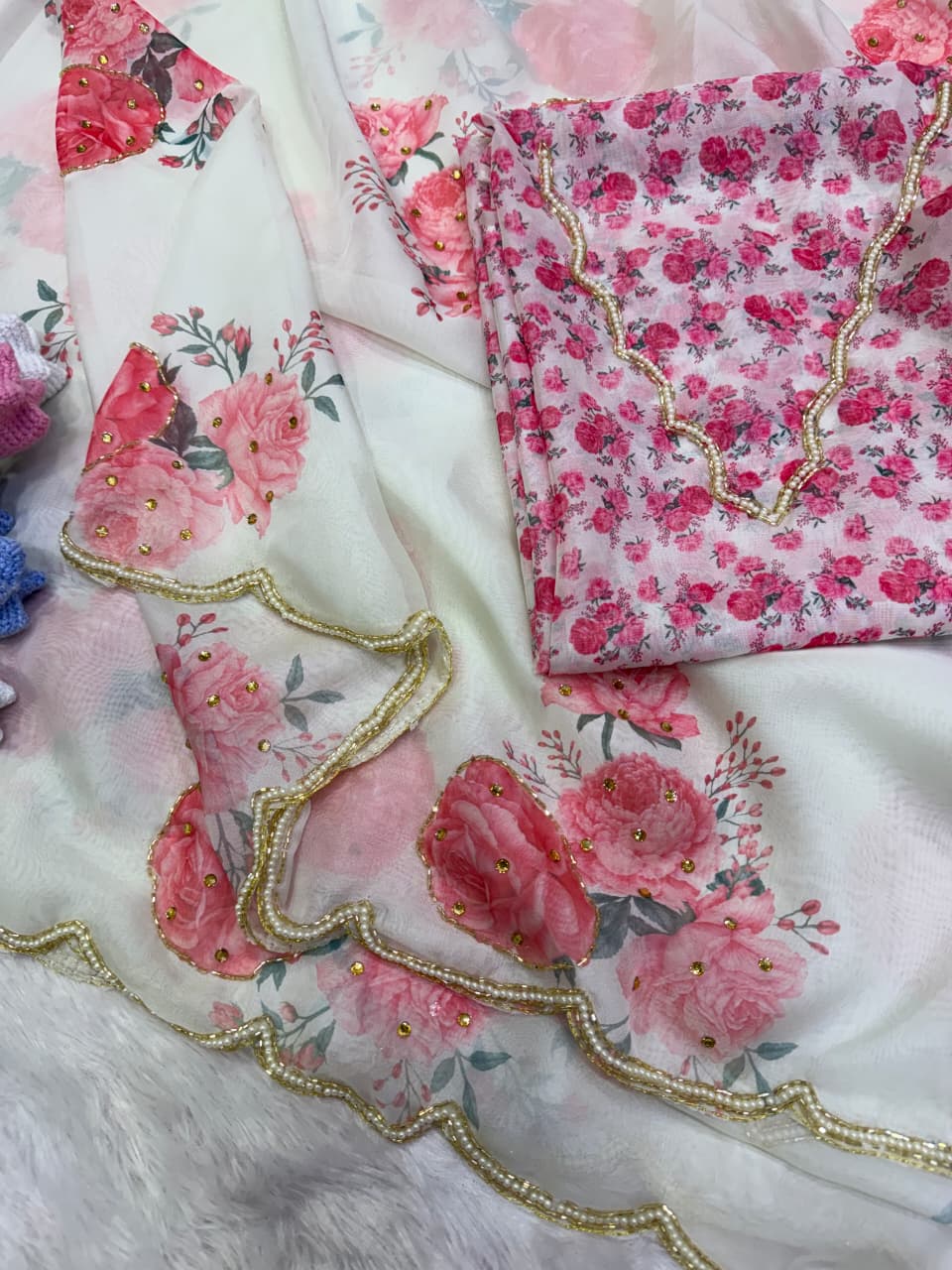 Soft Tebby Silk with Floral Print & Cutdana Handwork