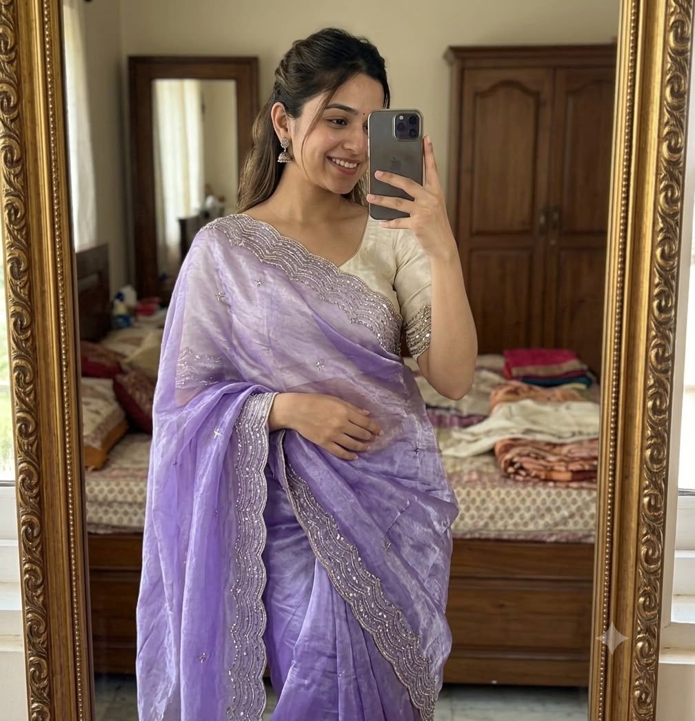 Space Sattin Bits Sequence Work Saree With Contrast Running Blouse