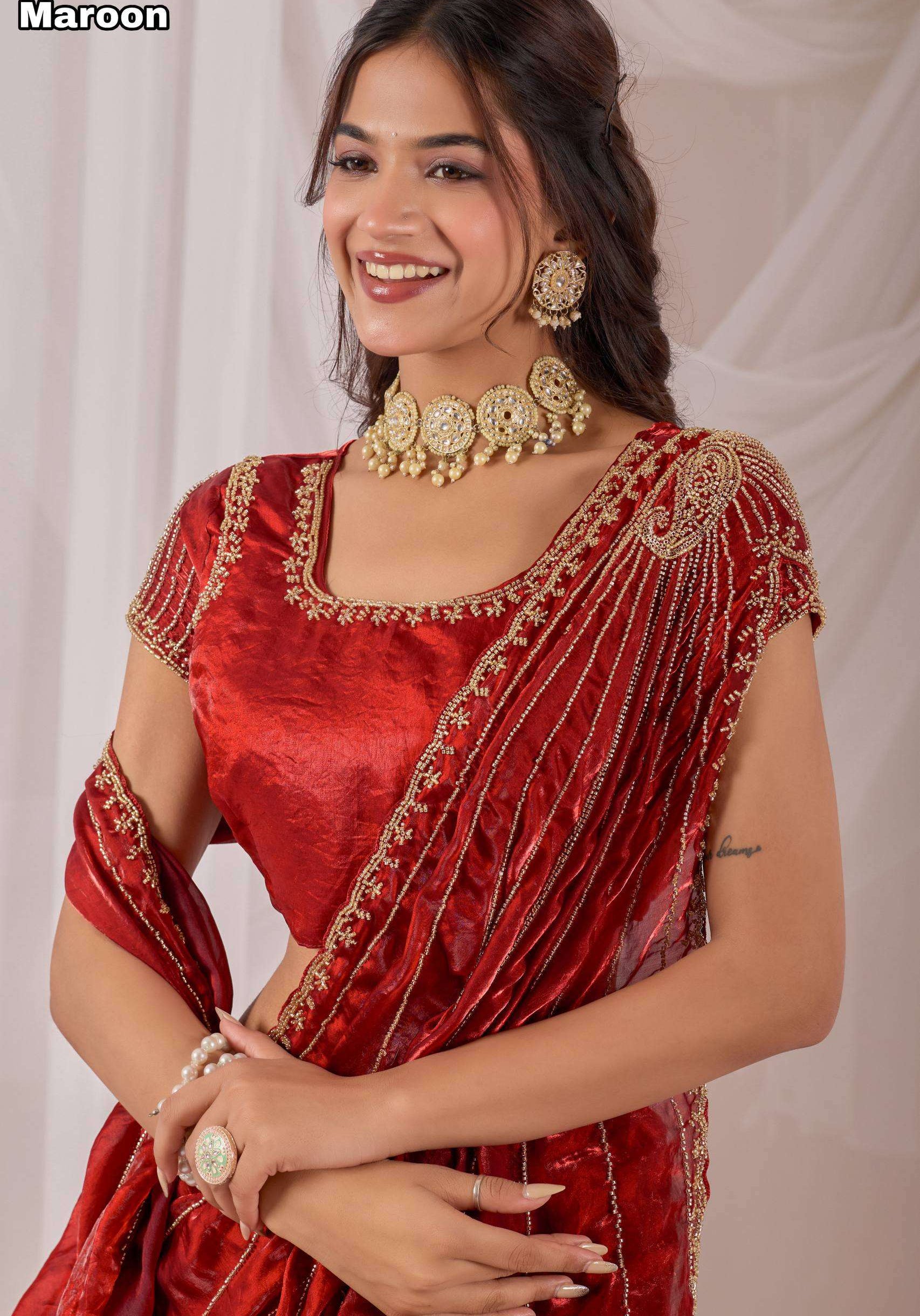 Space Silk Sarees with Cutdana Handwork & Maggam Work
