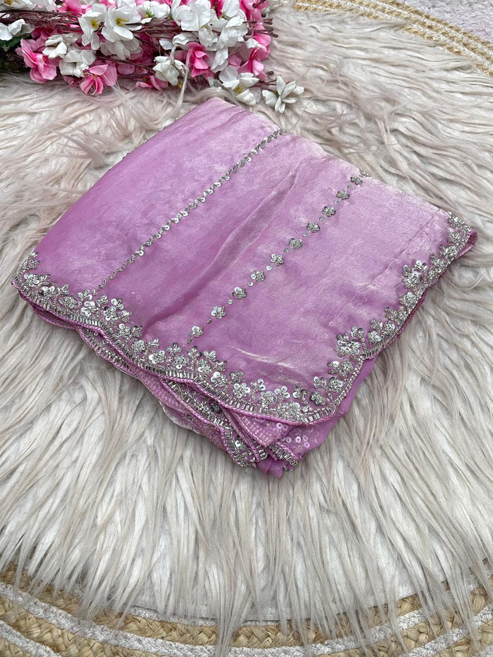 Fendy Satin Space Silk Saree with Premium Beads Handwork
