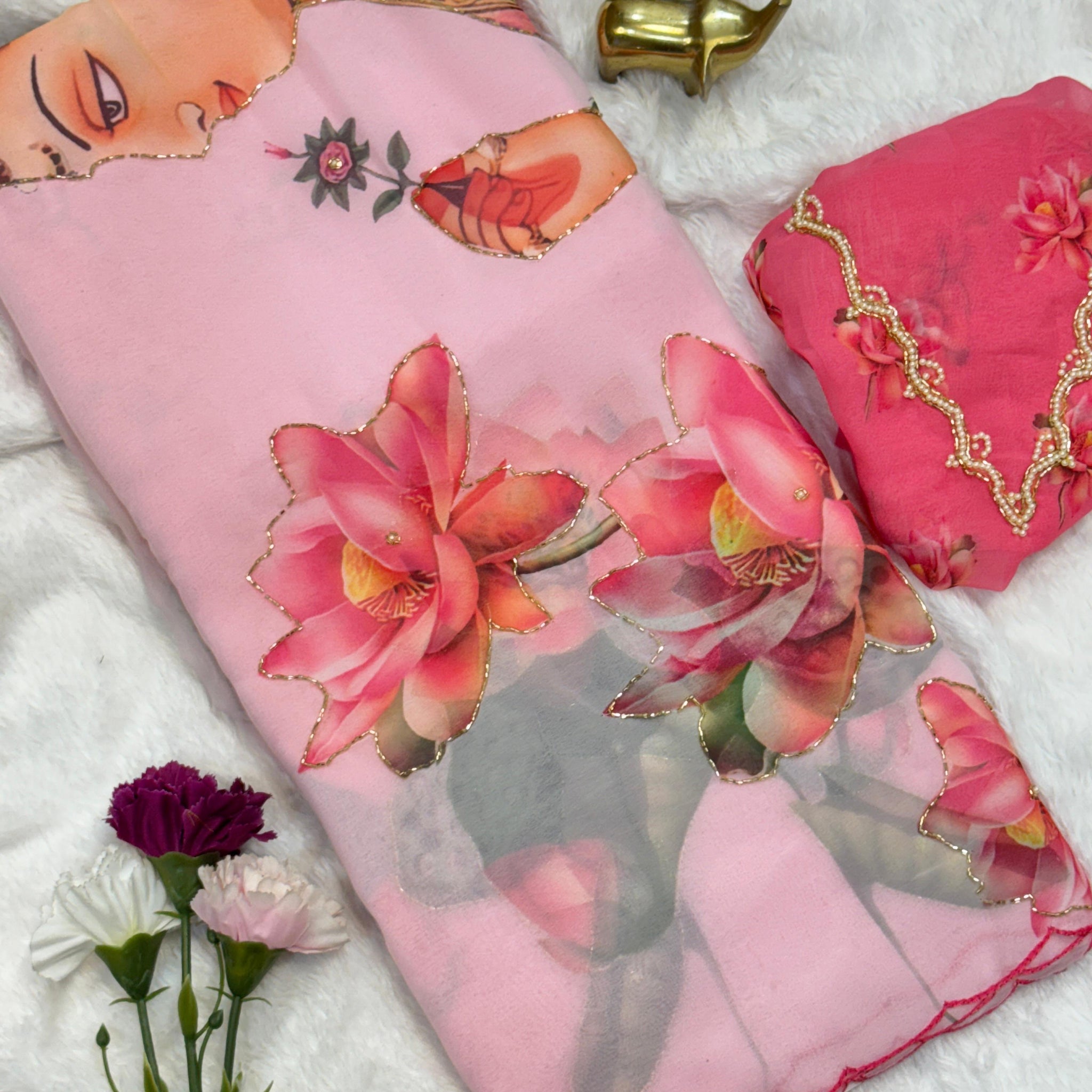Smooth Chiffon Floral print with cutdana work