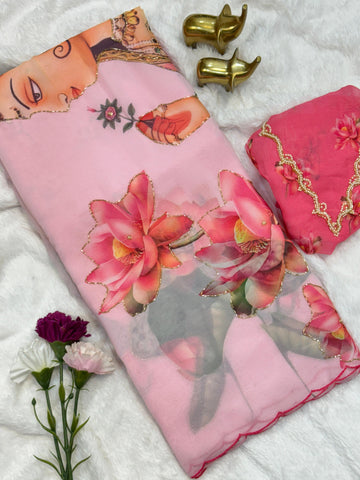 Smooth Chiffon Floral print with cutdana work