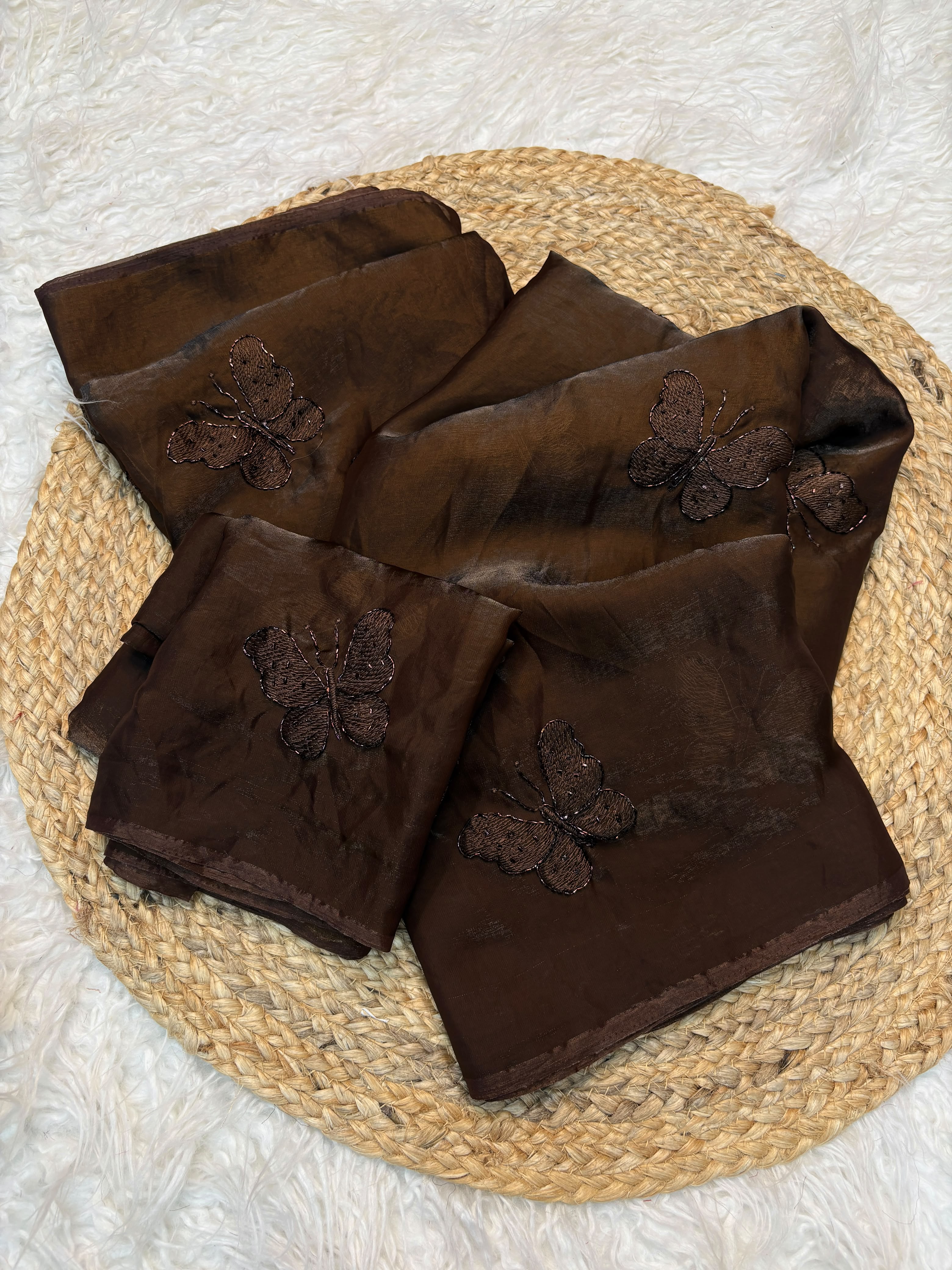 Two tone Fendy Satin with Beautiful Handwork Beads Butterfly Design