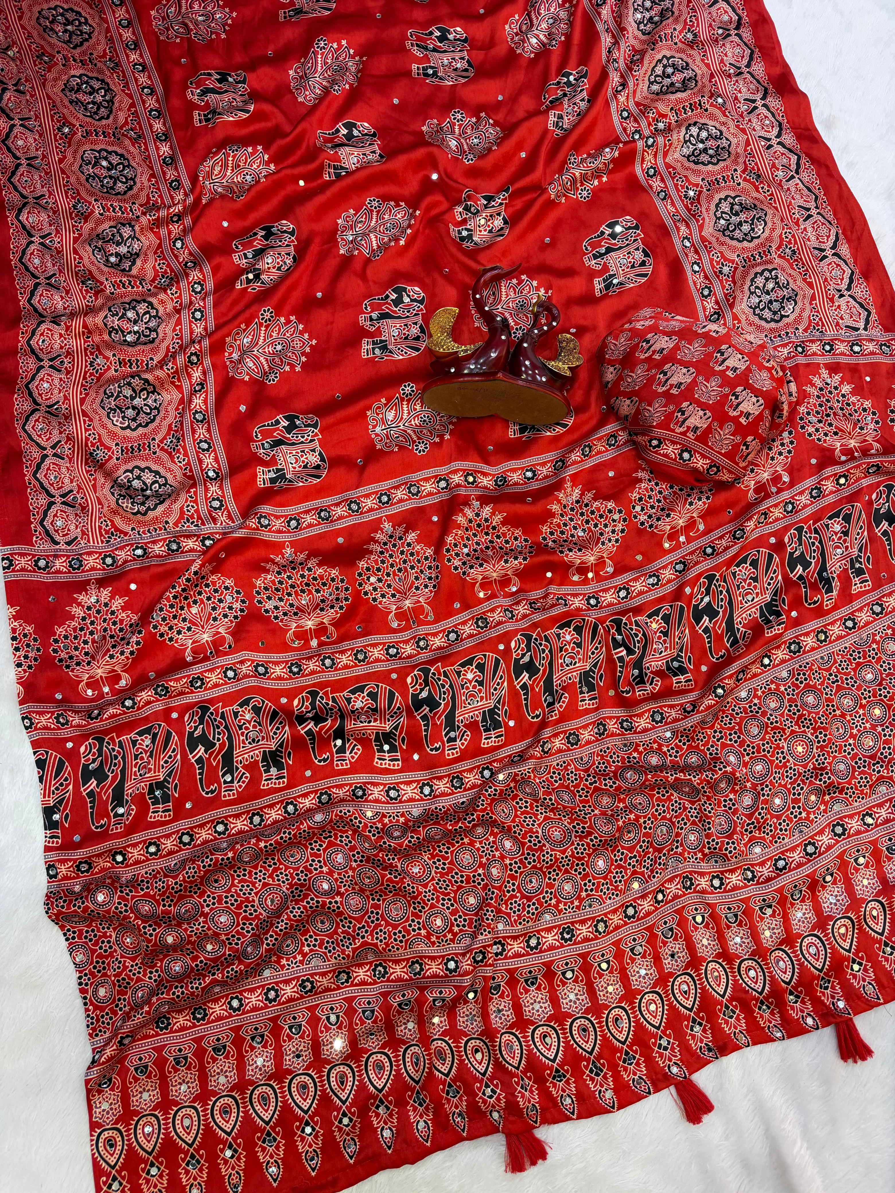 Beautiful Ajrakh Print with Real Mirror Work and Latkan