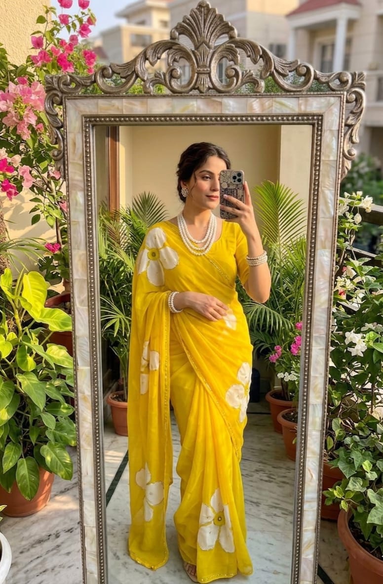 Premium Star Georgette Fabric With Beautiful Big Floral Digital Print And Cutdana Handwork