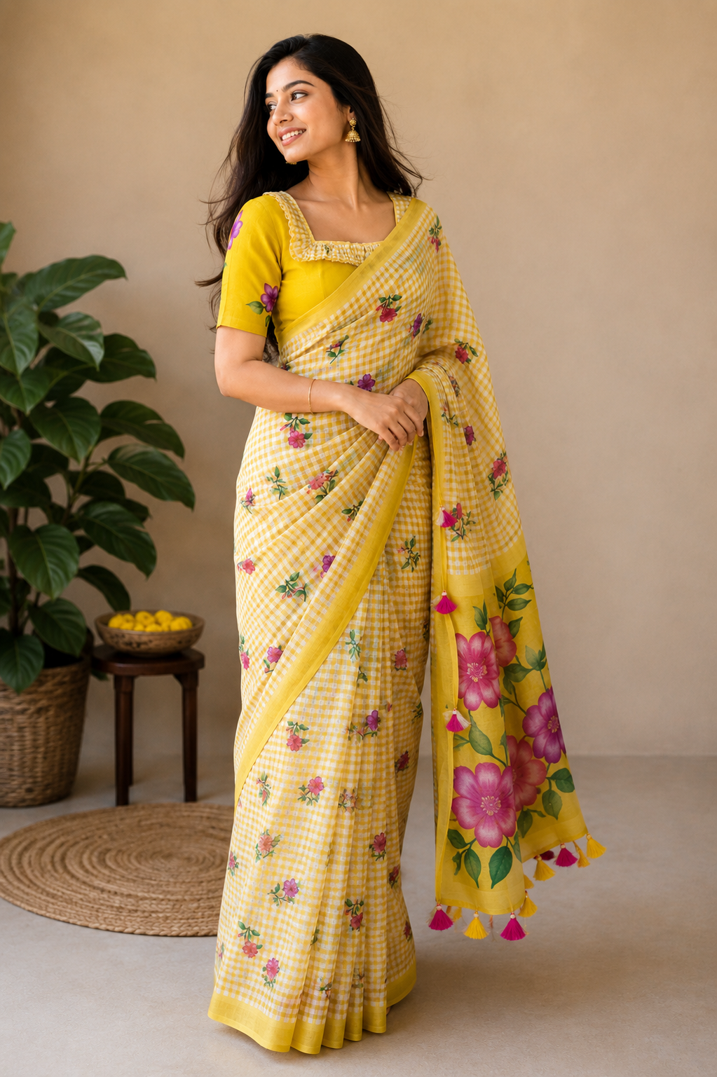 Floral Mul Cotton Saree with Stitched Blouse