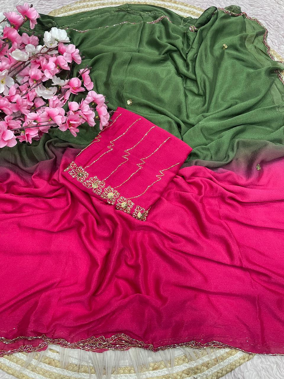Designer Pure Dyeable Shaded Chinnon Saree with Cutdana Work