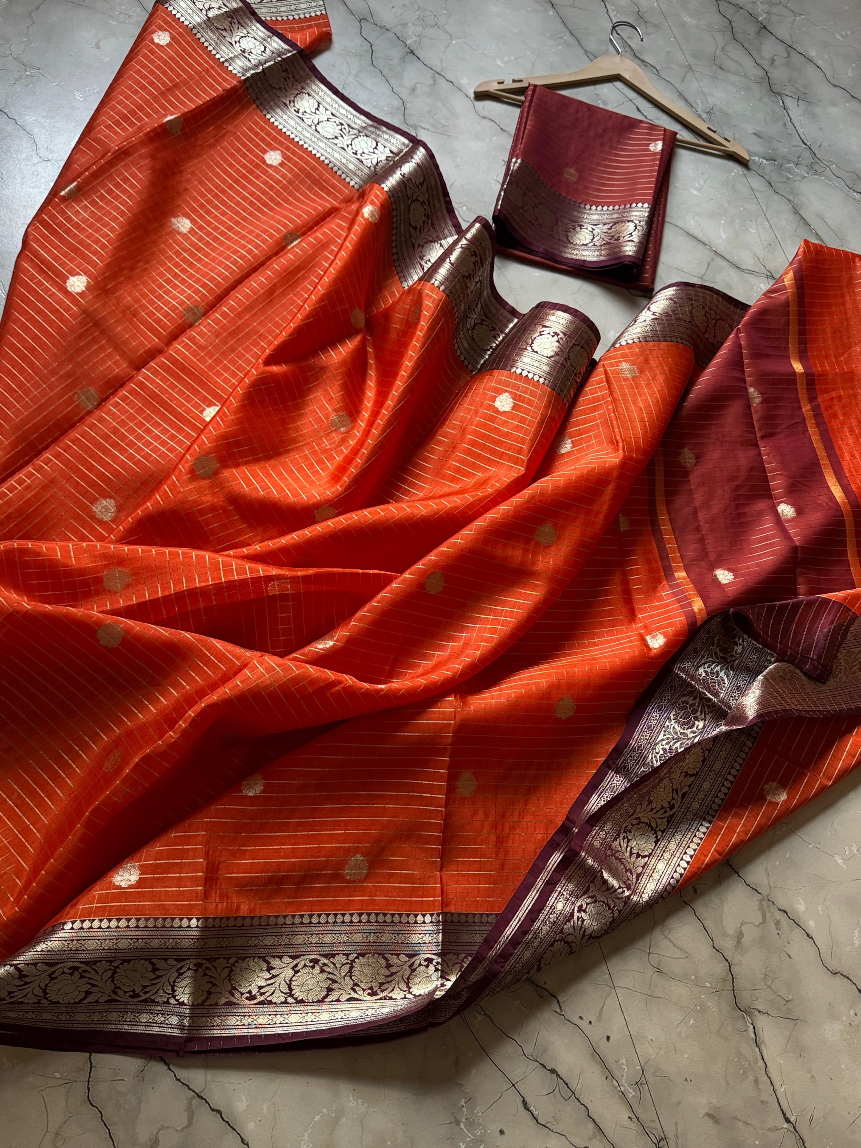 Banarasi Semi Katan Soft Zari with Checks Buti Silk Saree. Rust Orange & Brown