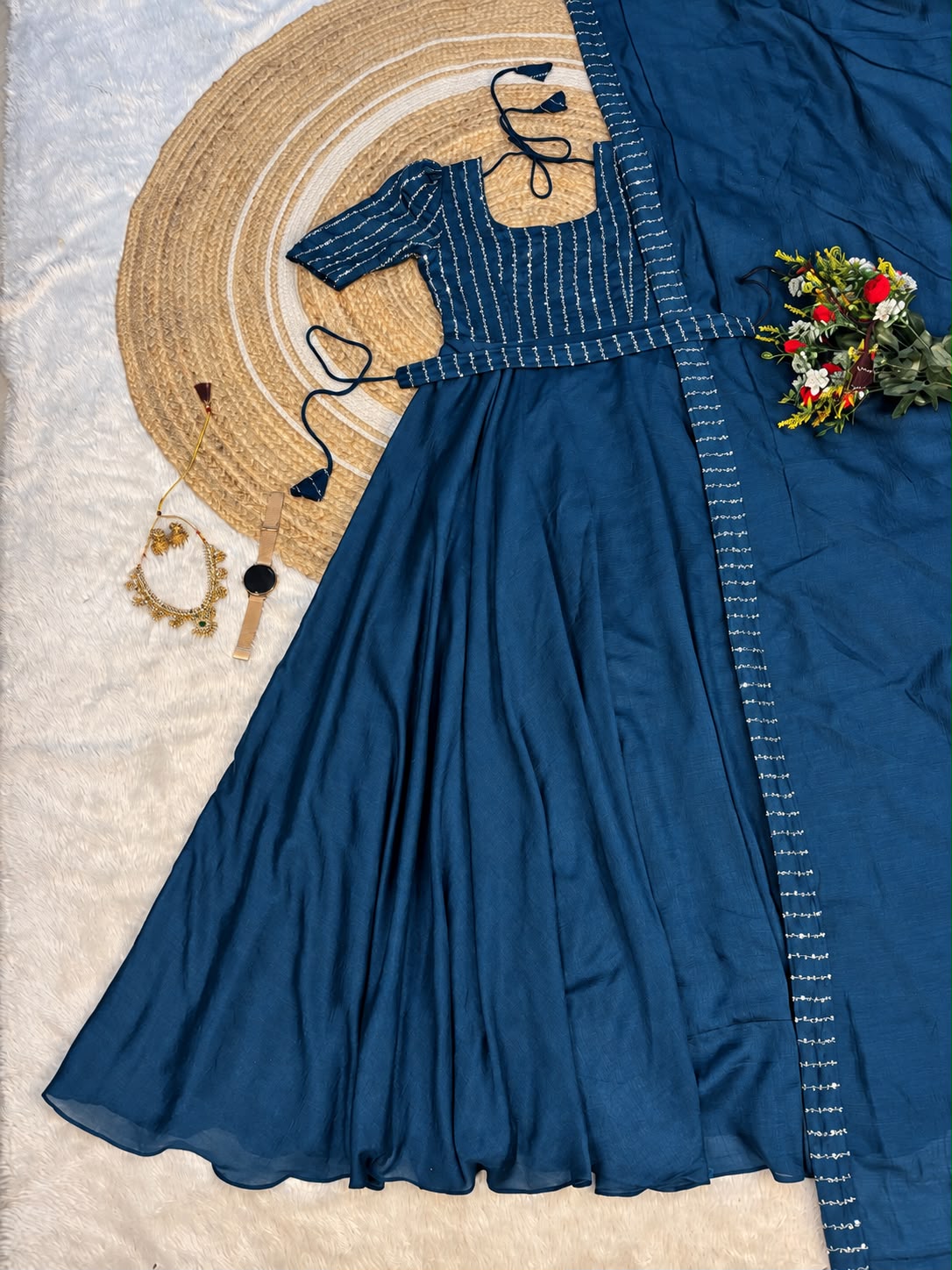 Premium Blooming Vichitra Silk Gown+Duppata with Sequence and Beads work
