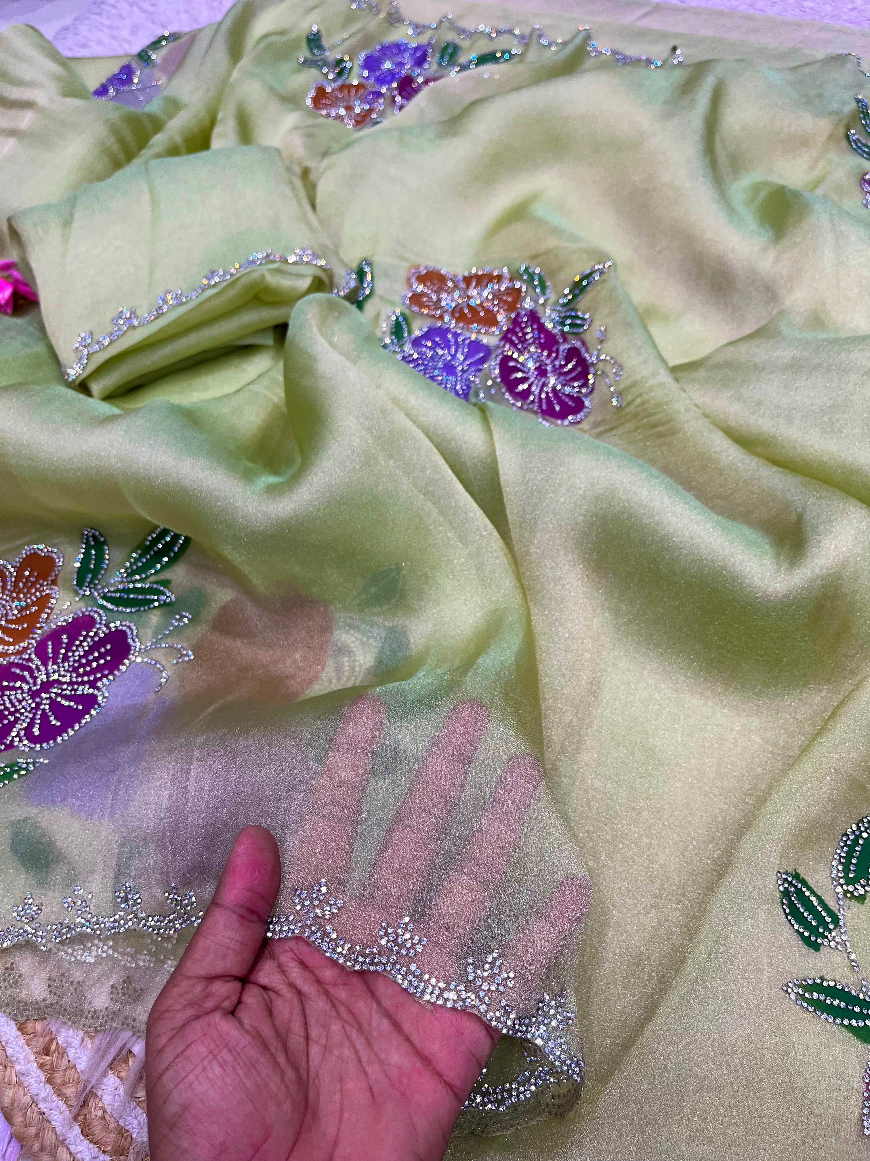 Beautiful Brush Print Saree with allover Jarkan Work