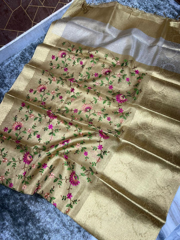 Gold Soft Banarasi Tissue Silk Saree with Embroidery Work