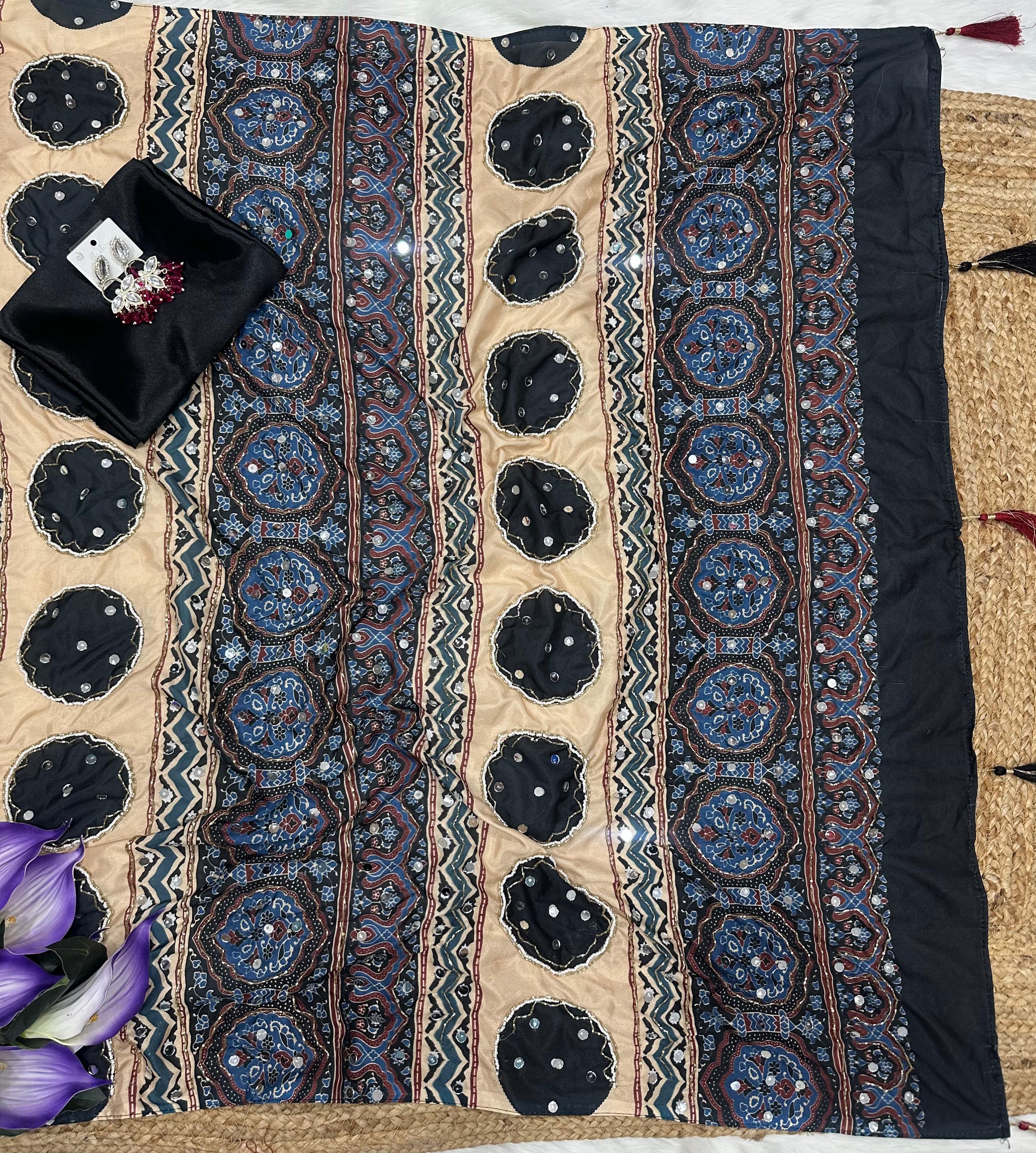 New Ajrakh Designer Handwork Party Wear Saree with Original Mirror Work