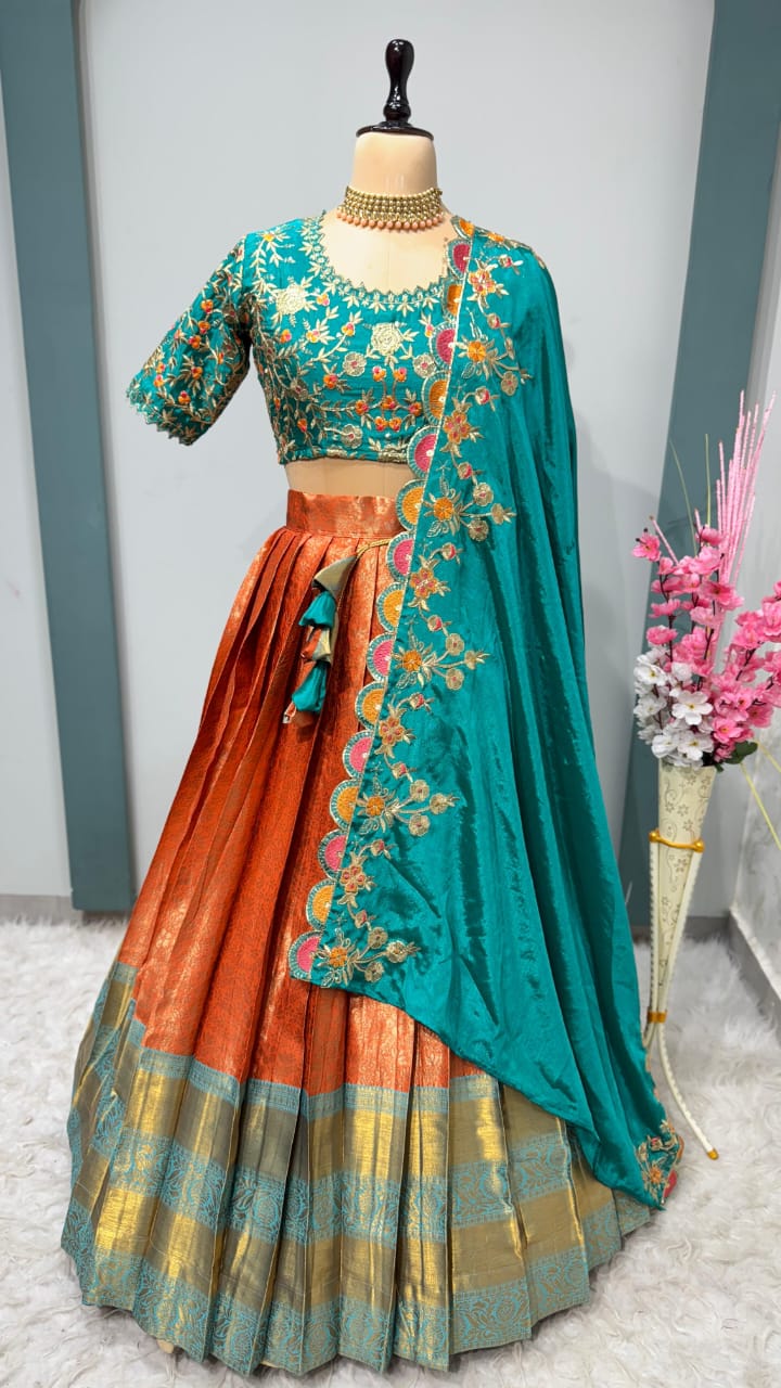 Exclusive Designer Premium Quality Kanjivaram fully stitched Lehenga With Designer Maggam work blouse & Designer Dupatta