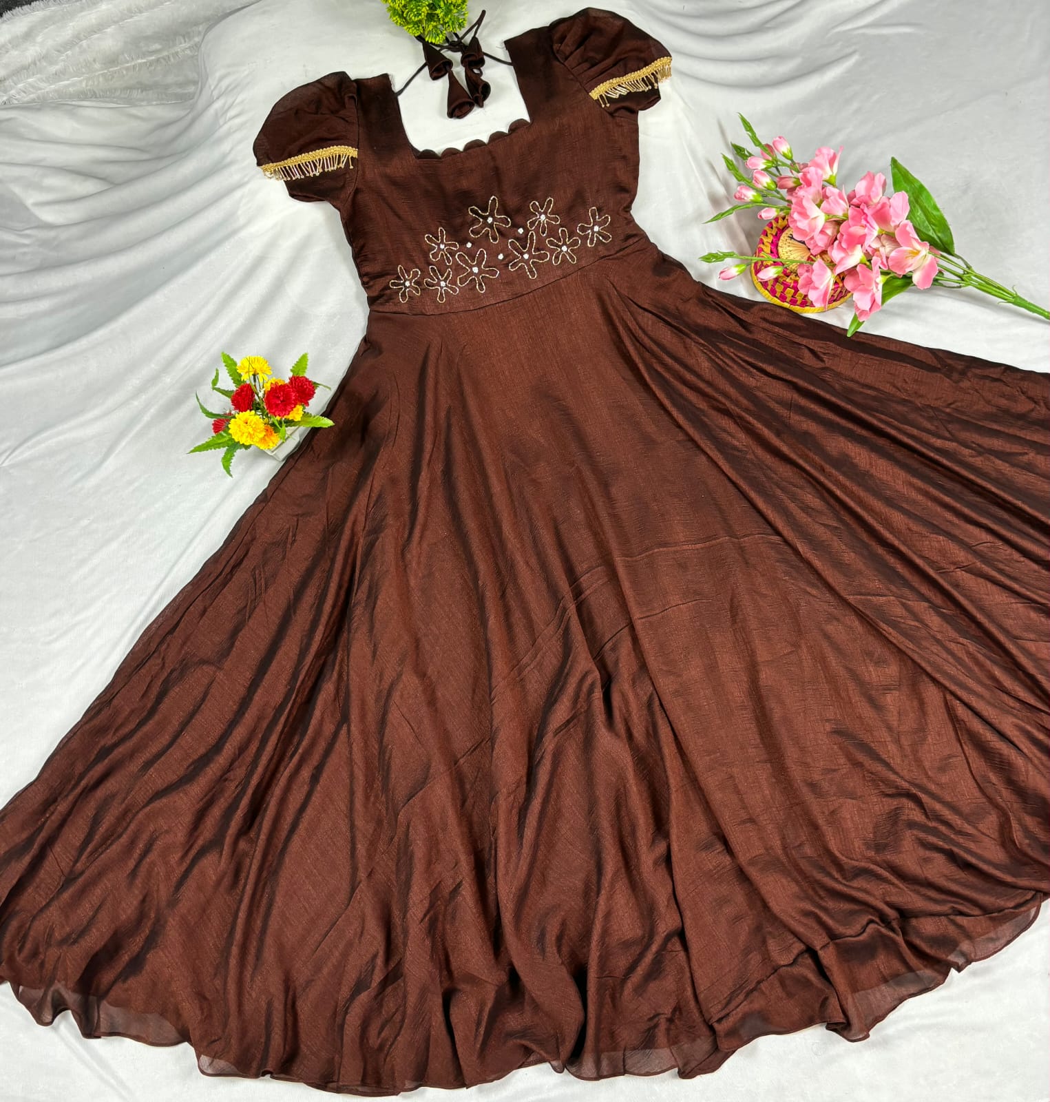 Upto 3XL- Vichitra Blooming Floor length Gown handwork in wrist and scallop neck double sleeves with hanging lace