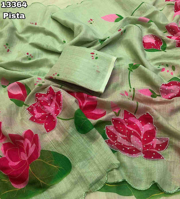 Soft Linen Lotus Design Digital Print Saree With Hand Moti Work Outing With Embroidery Scalloped Cutwork Border