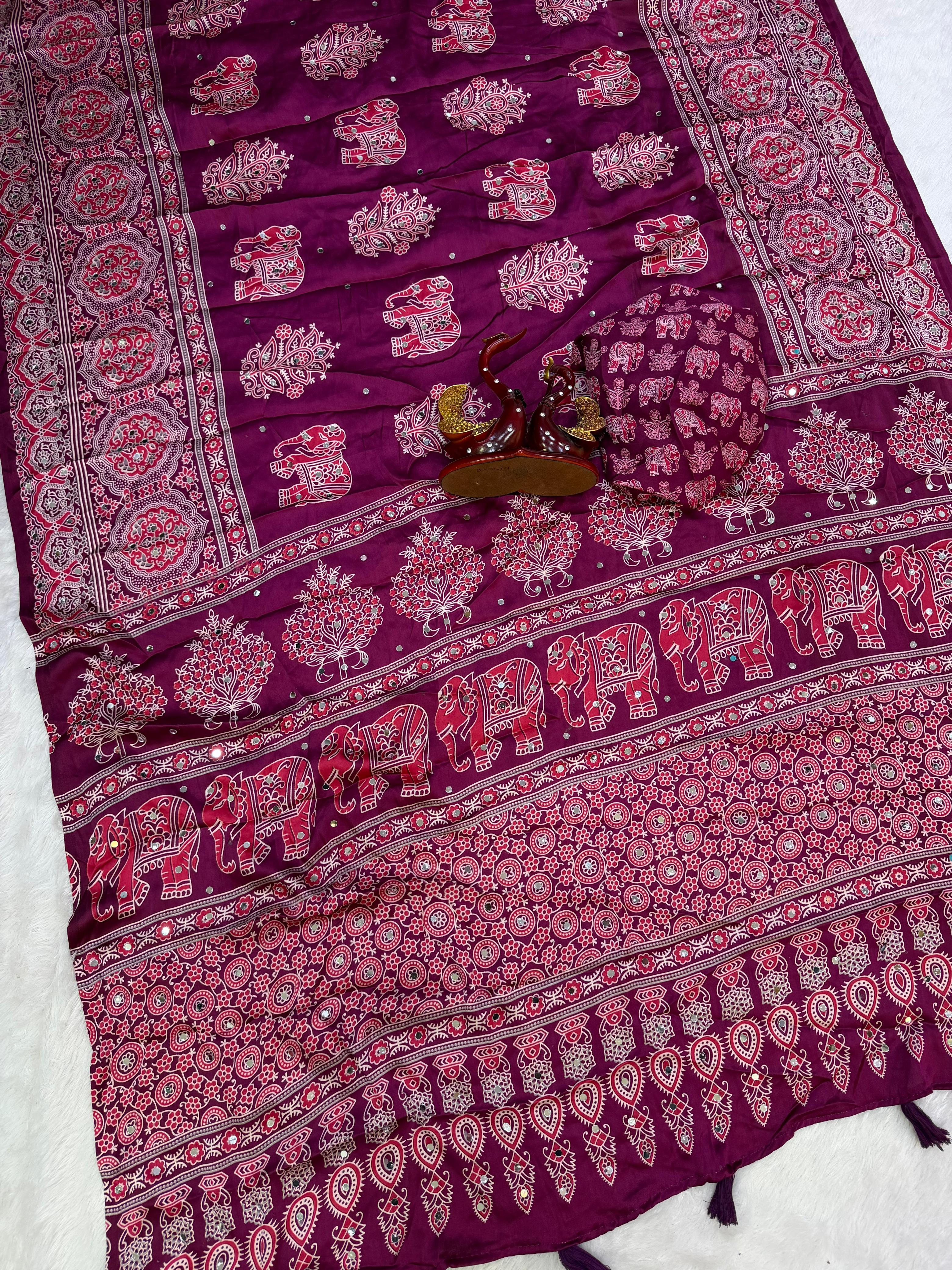 Beautiful Ajrakh Print with Real Mirror Work and Latkan