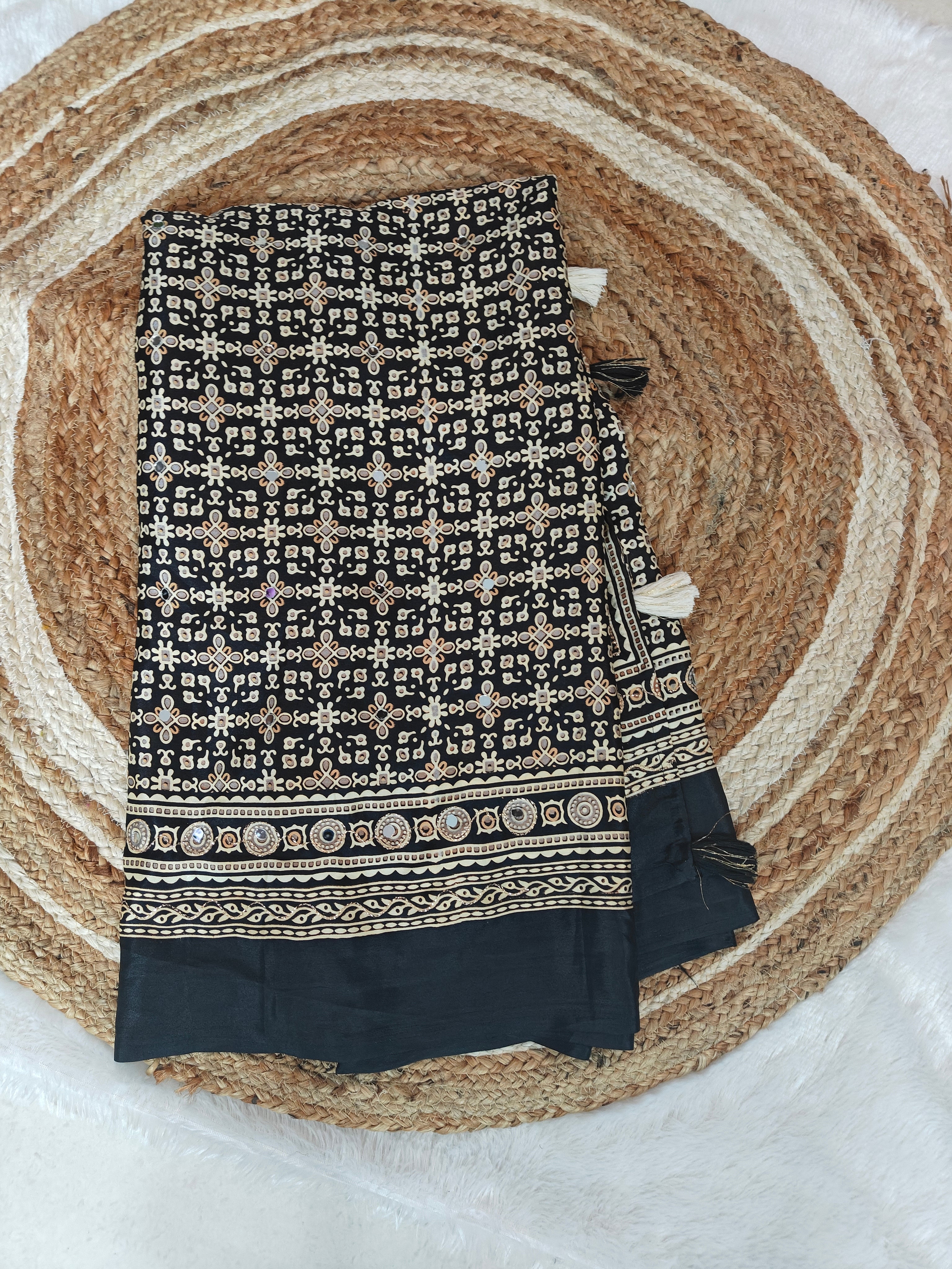 Premium Ajrakh Sarees with Mirror Work