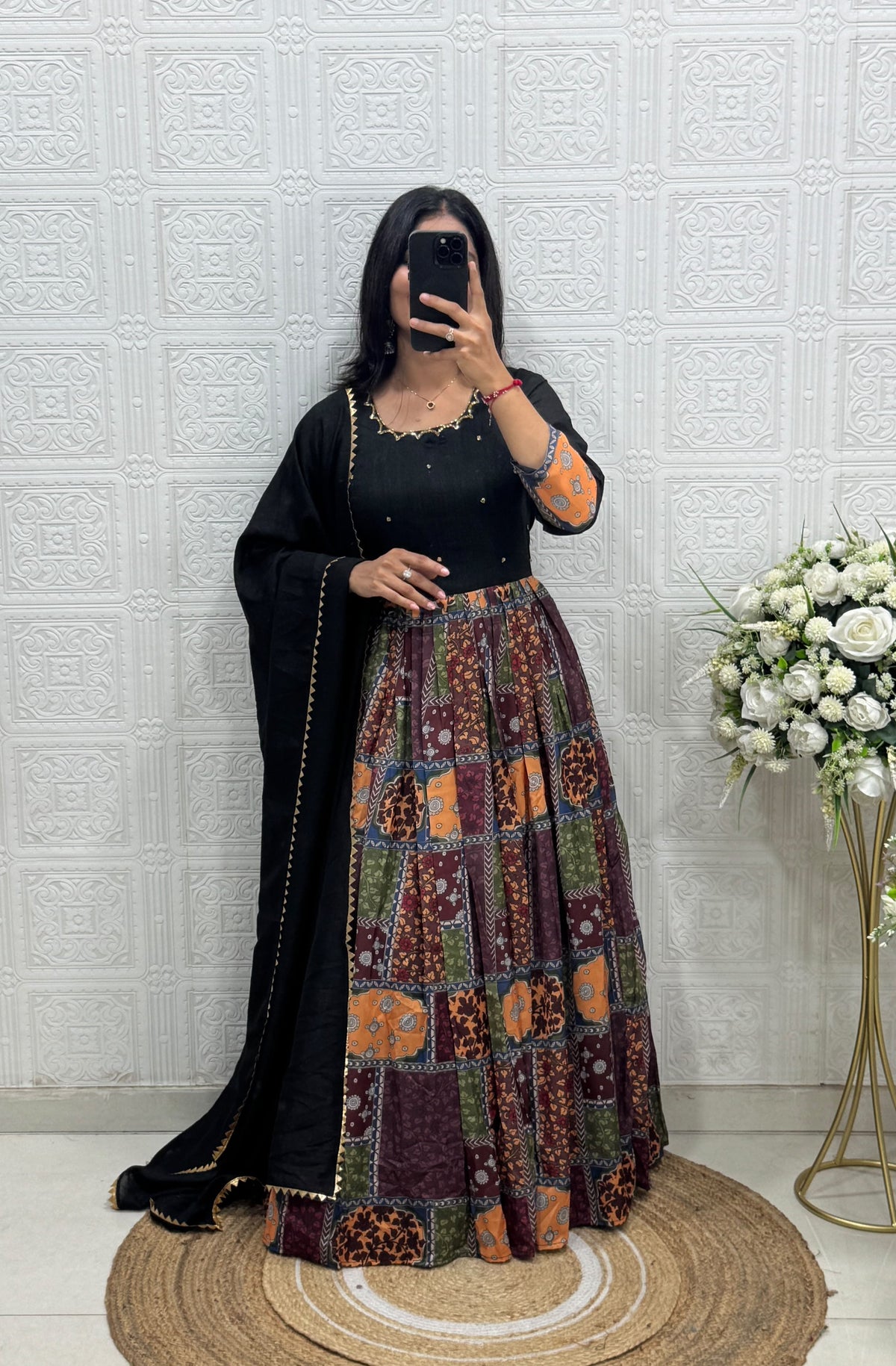 Vichitra Silk and Muslin Gown with Handwork & Duppata with Lace Border