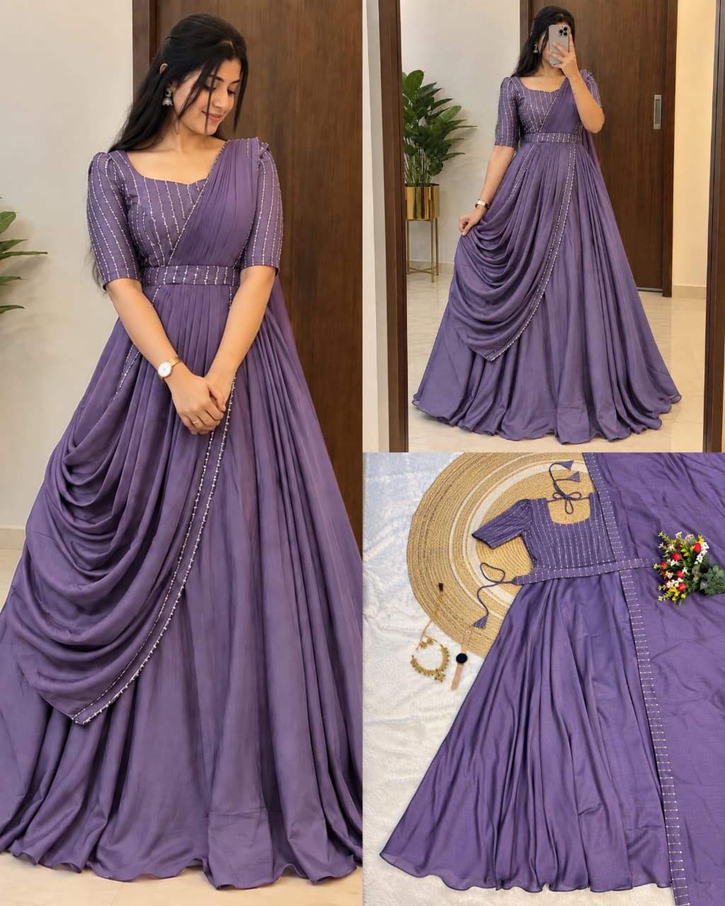 Premium Blooming Vichitra Silk Gown+Duppata with Sequence and Beads work