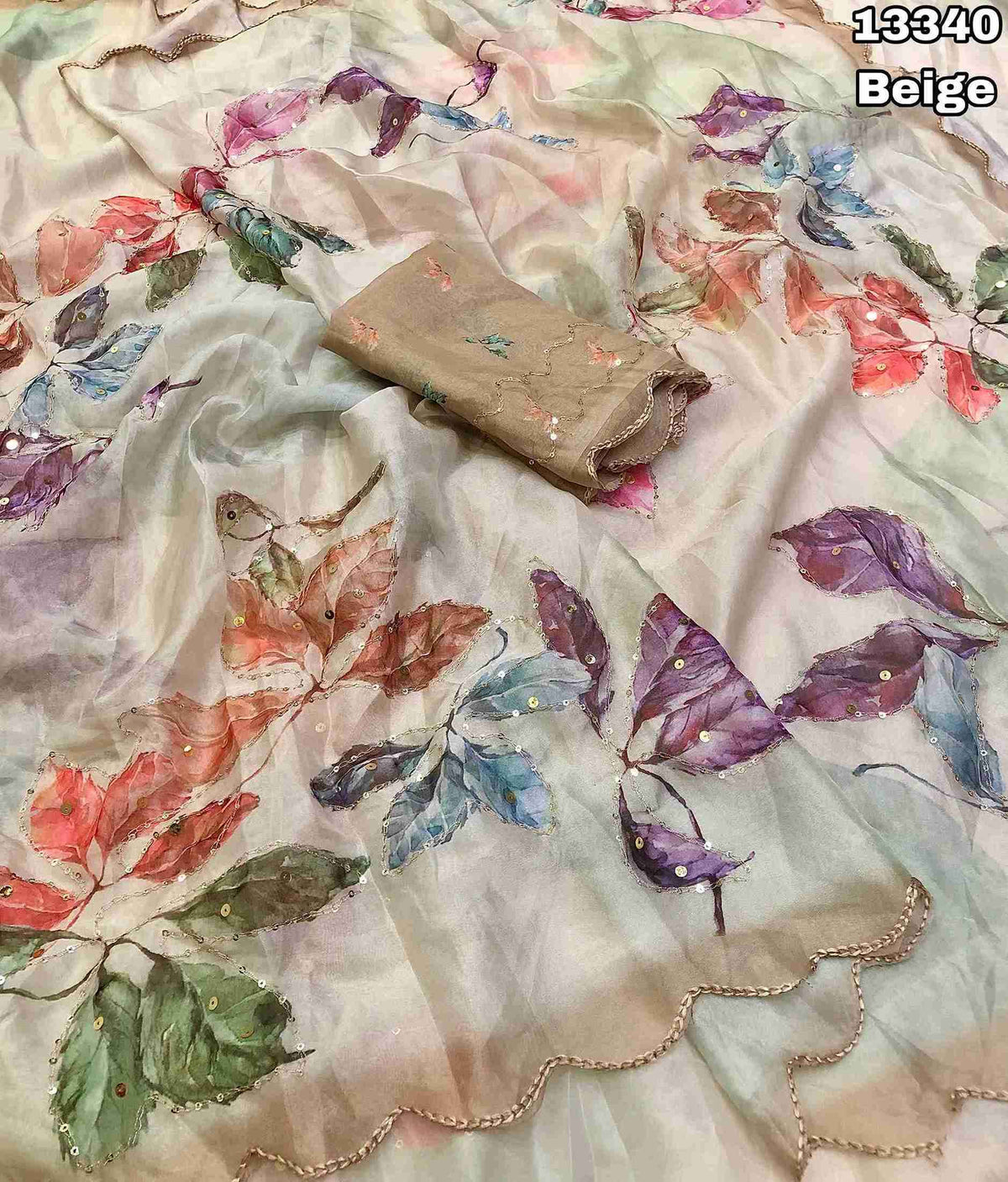 Tebby Organza Floral Leaf Design With Embroidery & Sequence Work & Scalloped Cutwork Border