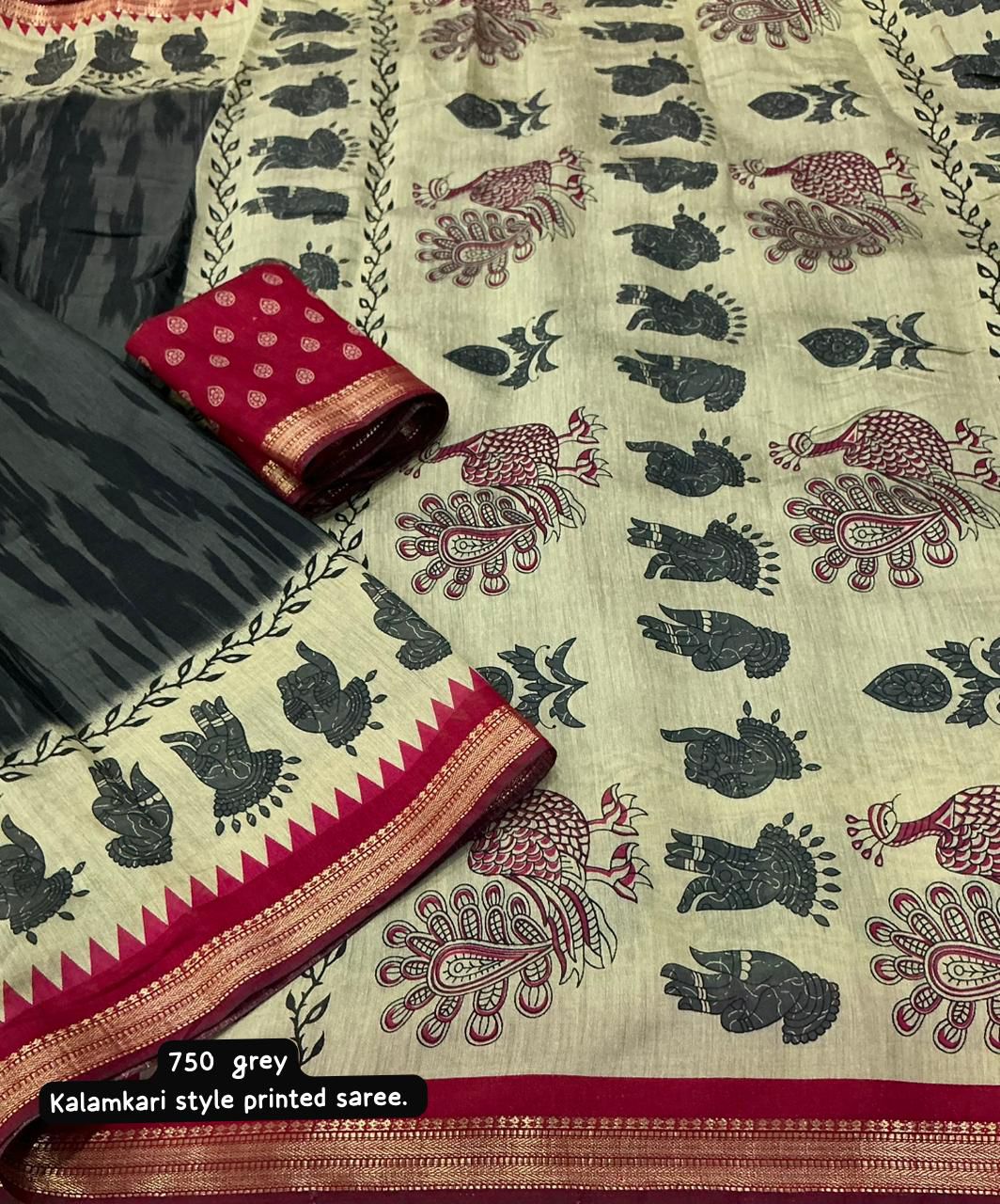 Pure Mangalagiri Style  Kalamkari Cotton Saree
