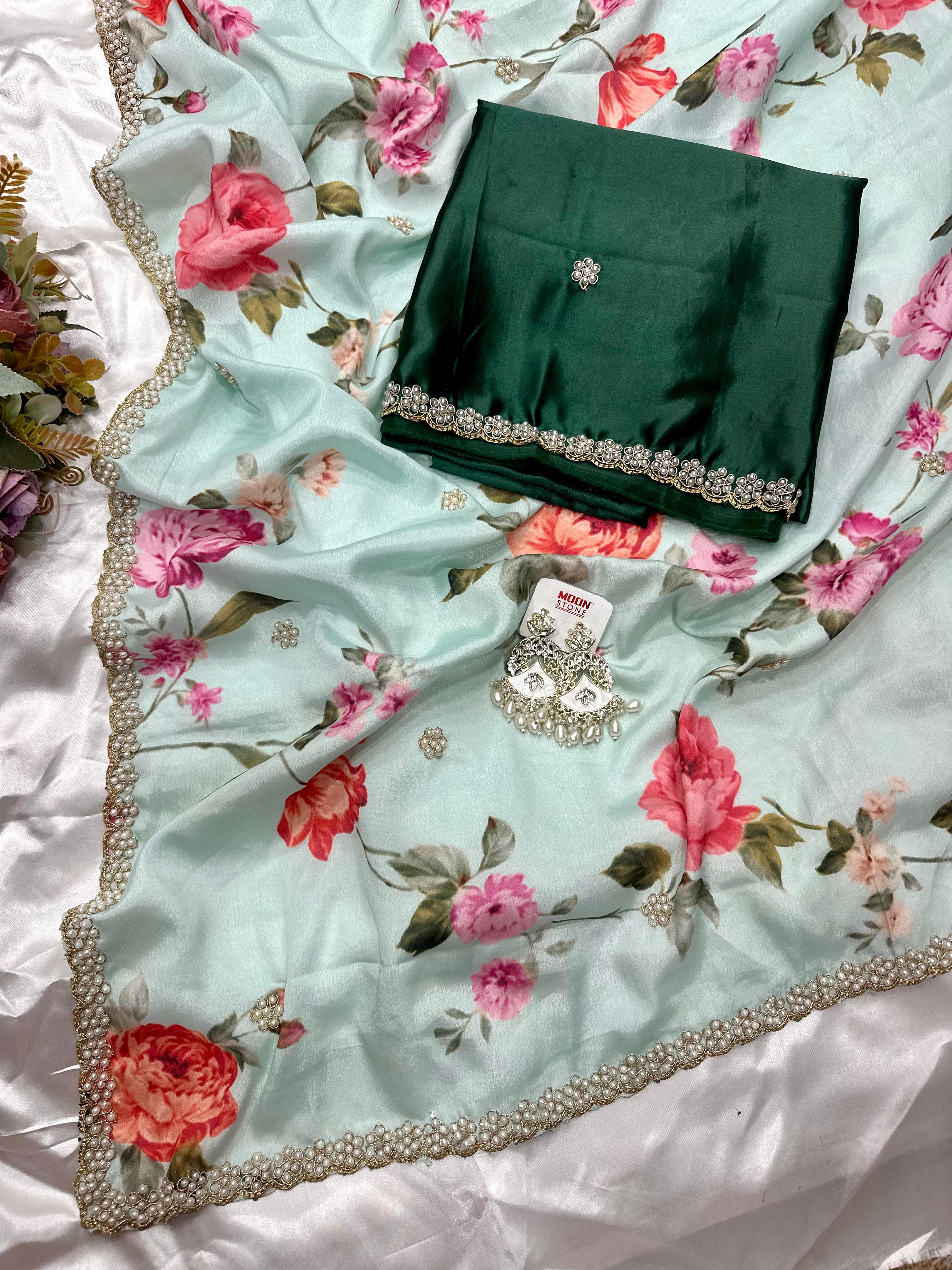 Chinnon Saree with Floral Designs & Moti Work