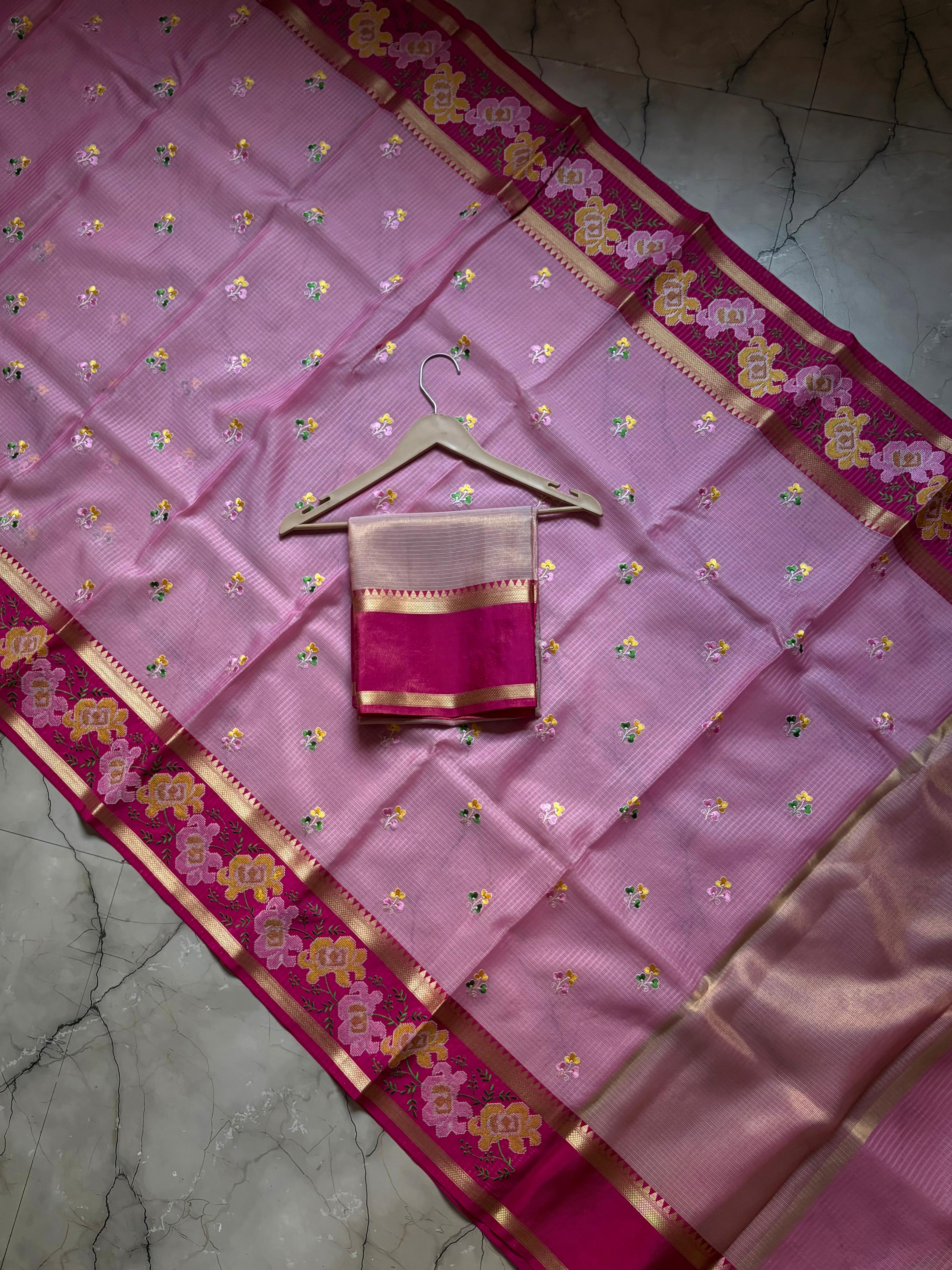 Banarasi Embroidery Pink Border Designer Kota Checks Sarees