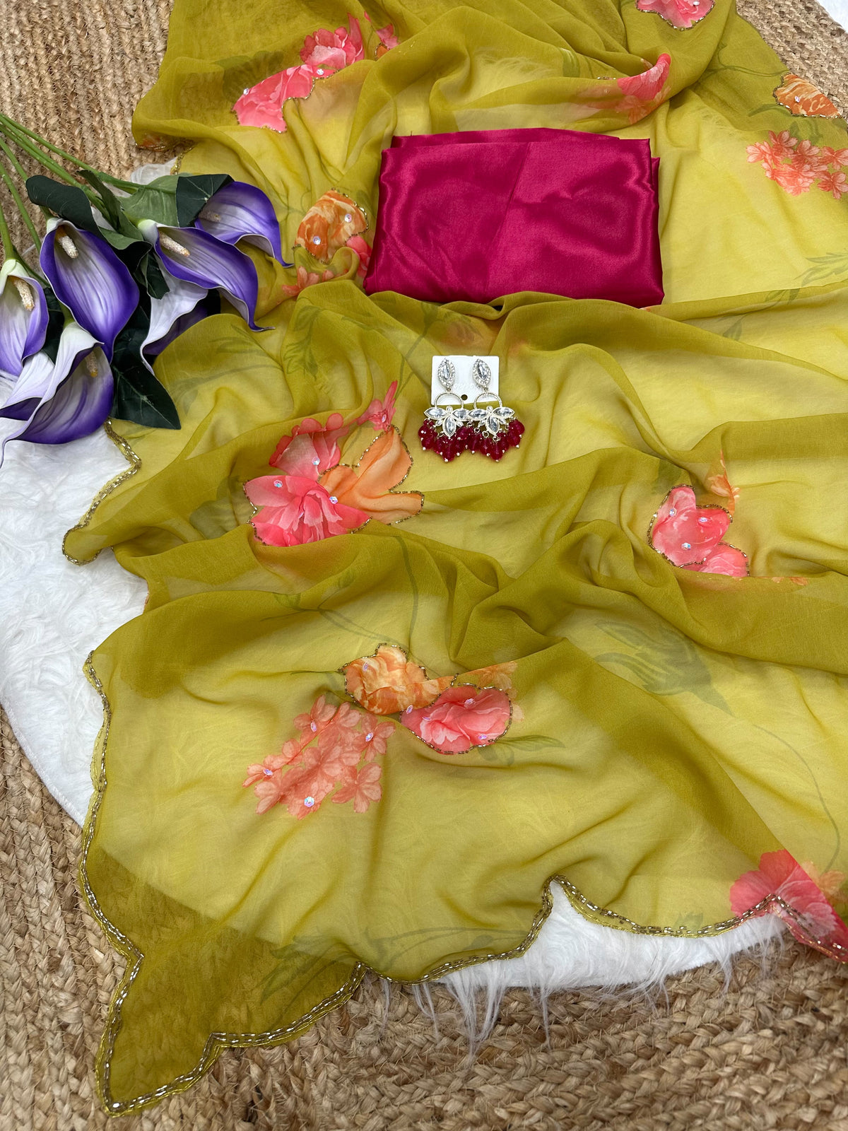 Soft Georgette Sarees with Digital Print & Designer Valmoti Handwork