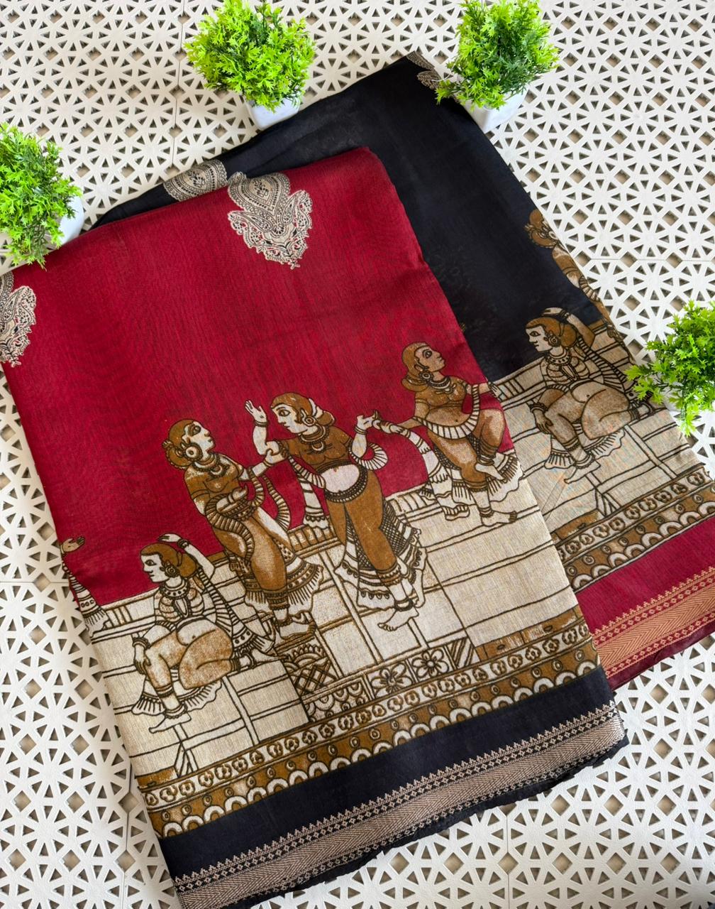 Premium Soft Mul Cotton Sarees with Kalamkari Design