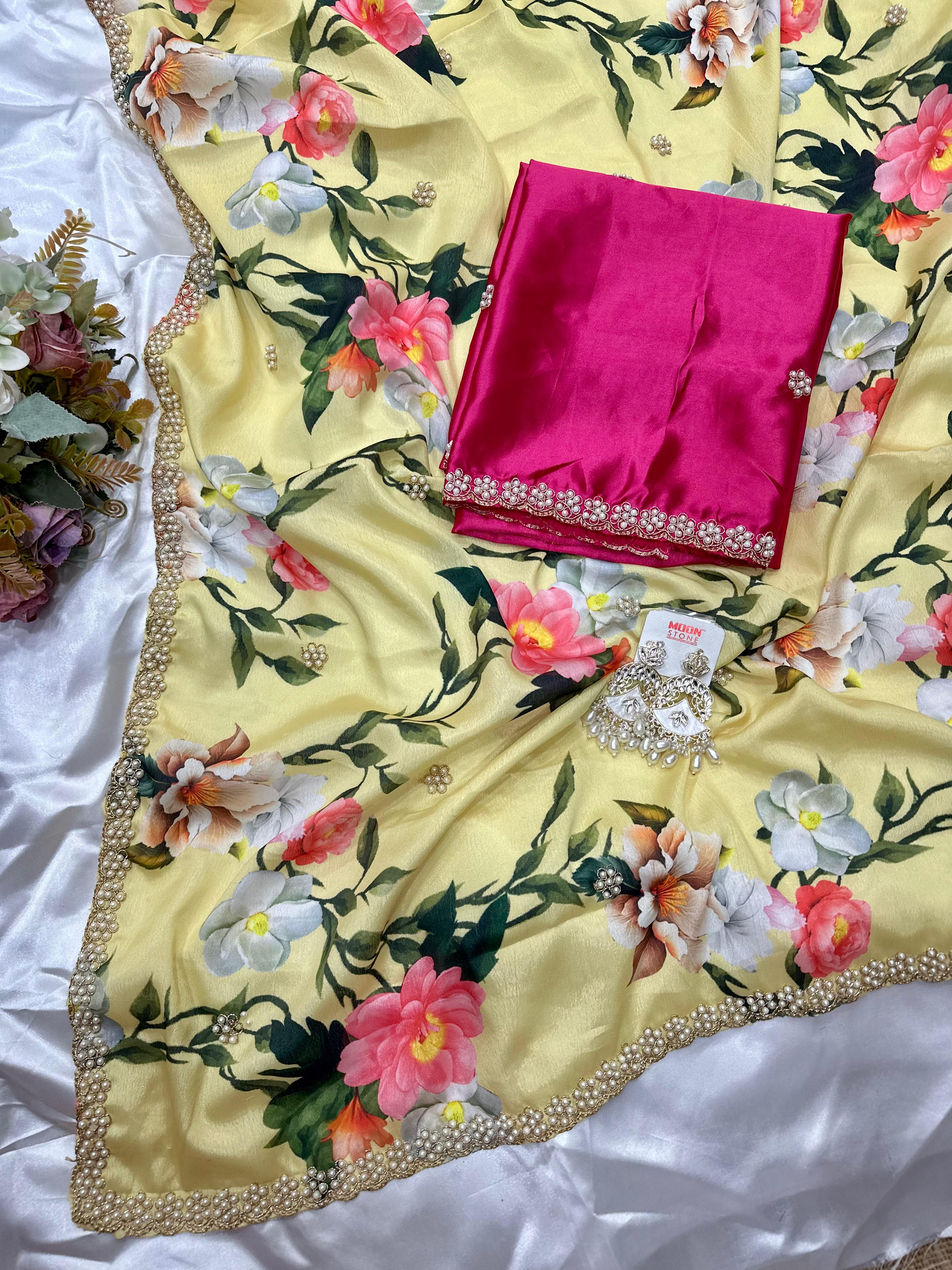 Chinnon Saree with Floral Designs & Moti Work