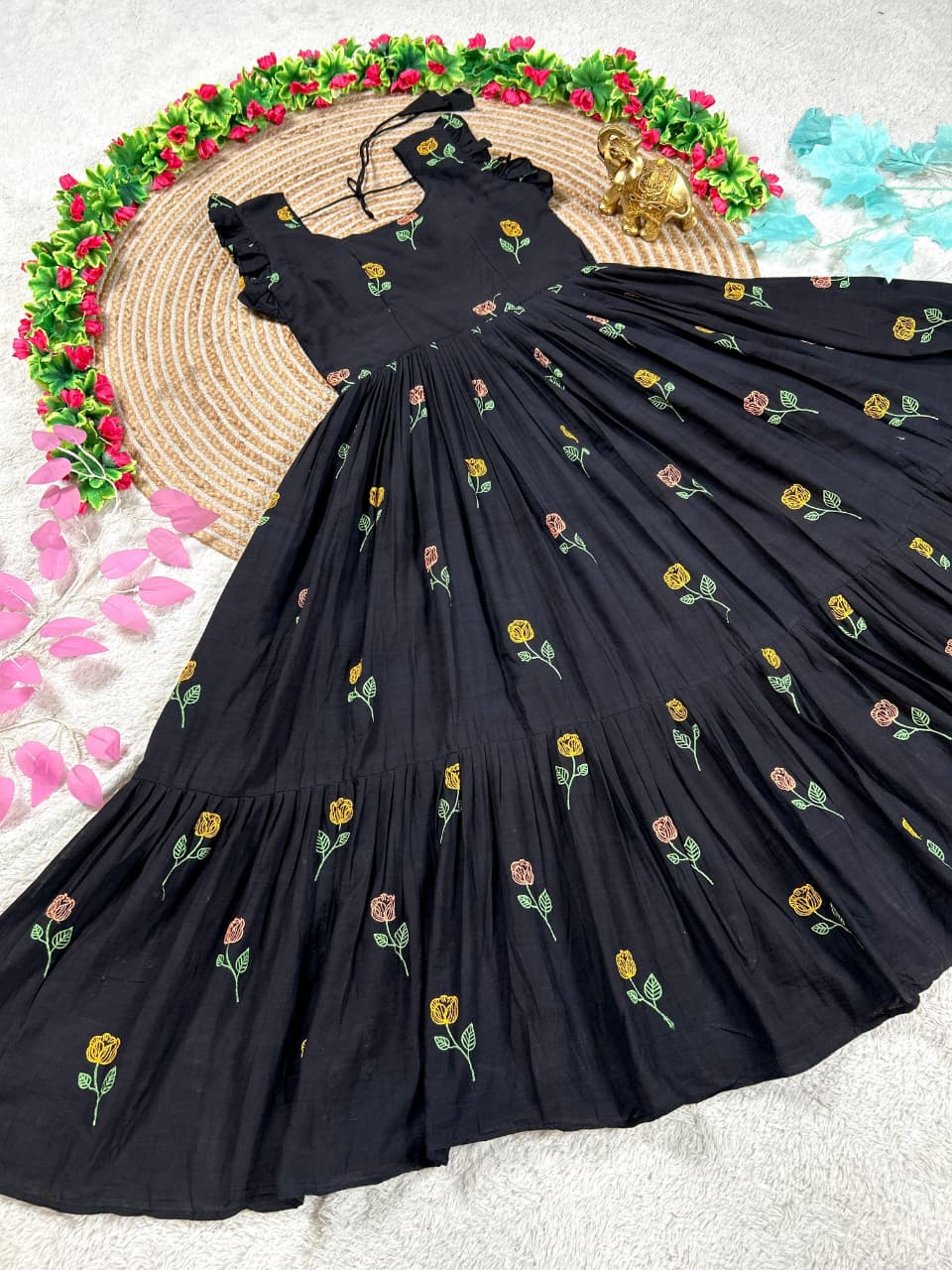 Soft Cotton Black Flower Gown