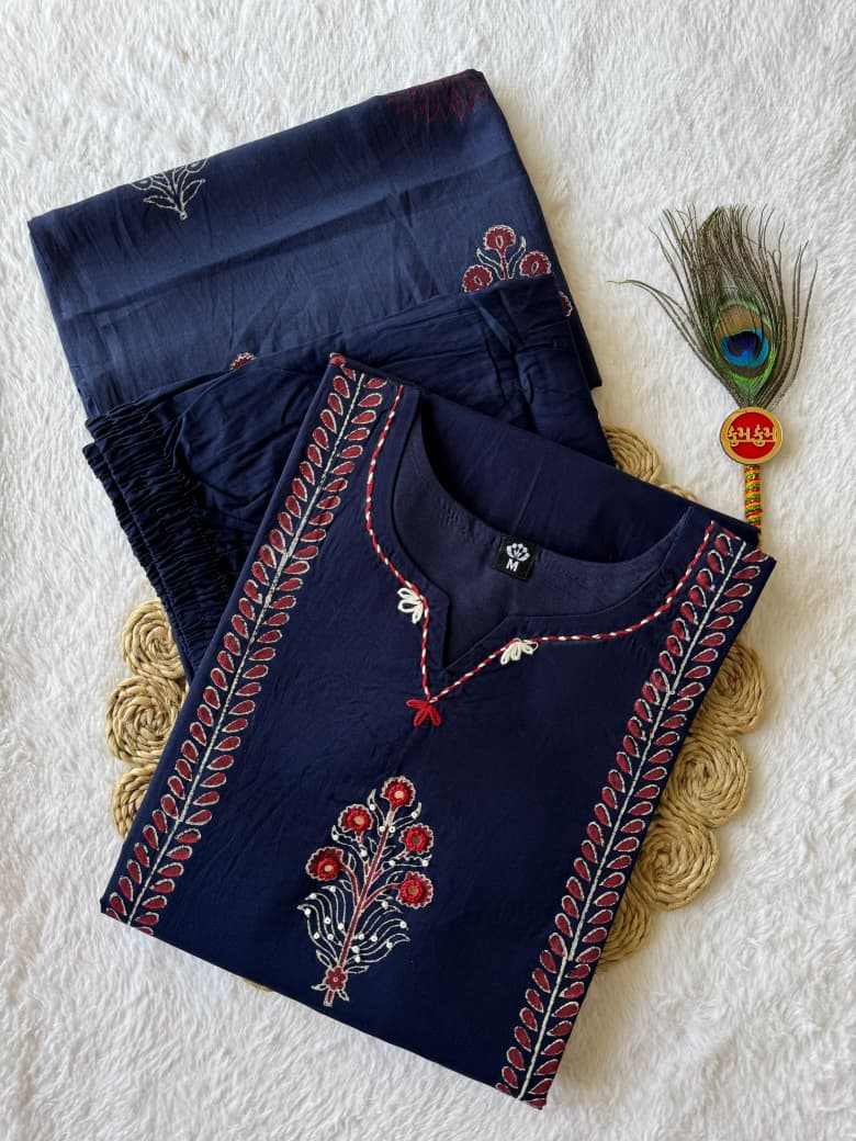 Pure Mul Cotton Kurta with Hand Block Print & Real Mirror Work